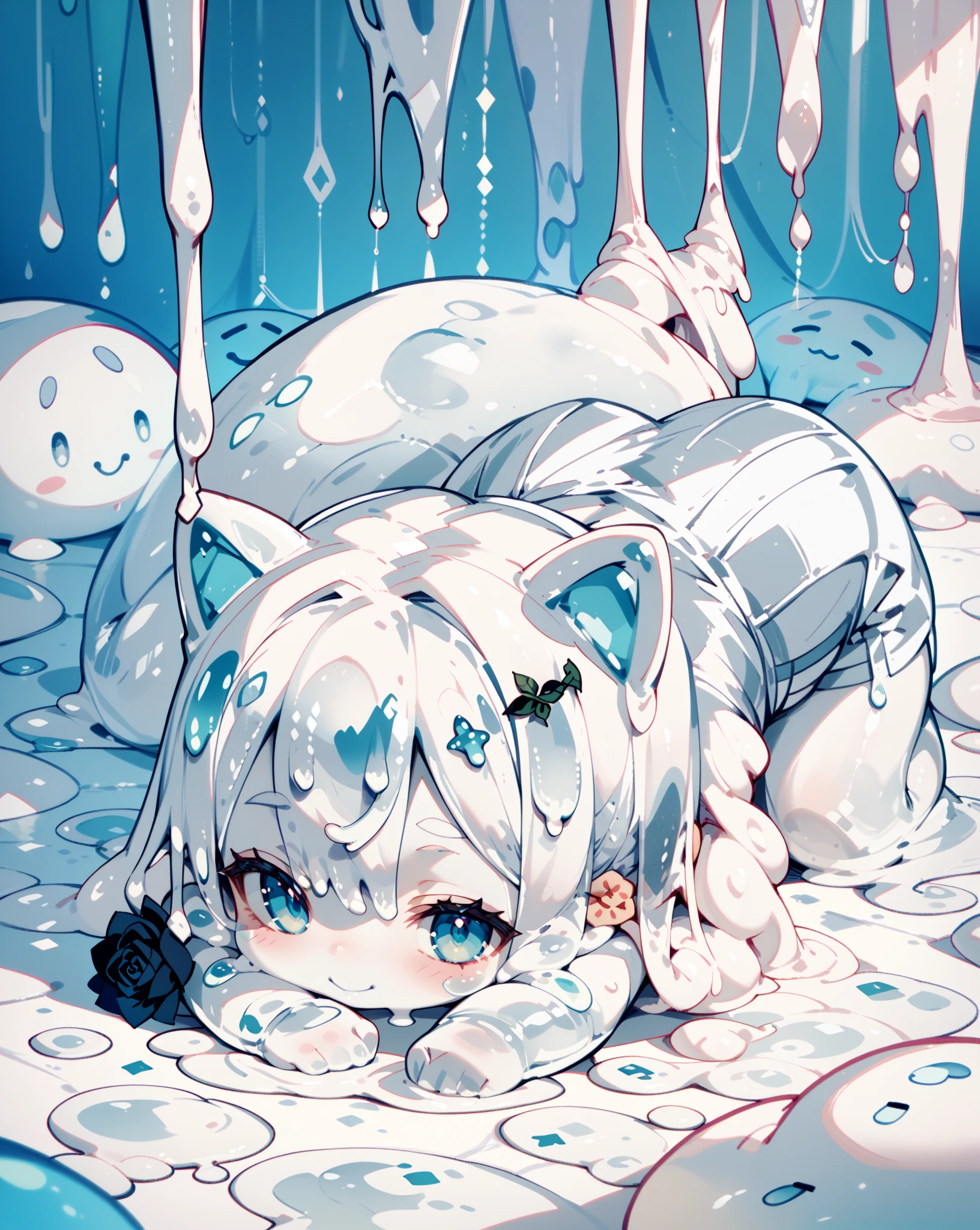 Snow leopard  wearing a diaper and kneeling in a space made of silver slime，Body covered in silver slime，Slime falls on snow leopard，blush，The body  covered with silver slime，The silver slime under the body wraps the snow leopard&#39;s legs，collar
