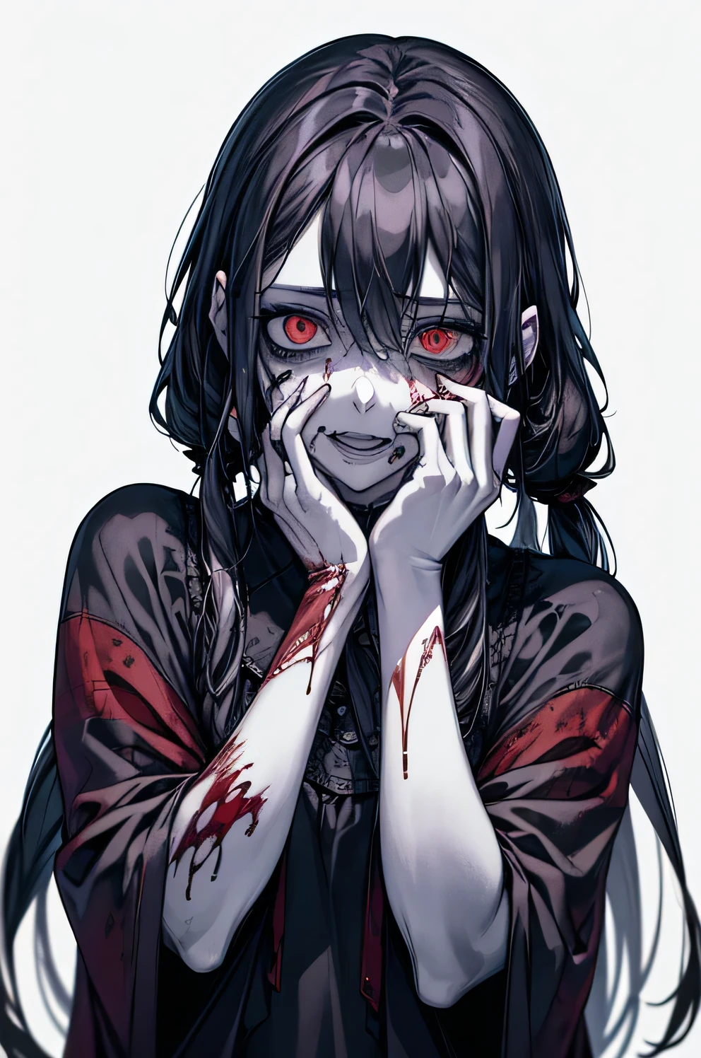 masterpiece, best quality, absurdres, greyscale
BREAK gesugao, (evil smile:1.1), looking at viewer, sharp teeth, (crazy blue eyes with small pupils:1.2), yandere, pink hairs,
BREAK Kaguya_Shinomiya, shuuchiin_academy_school_uniform, long sleeves, looking down, (shaded face:1.2), black dress, (blood splatter:1.1)