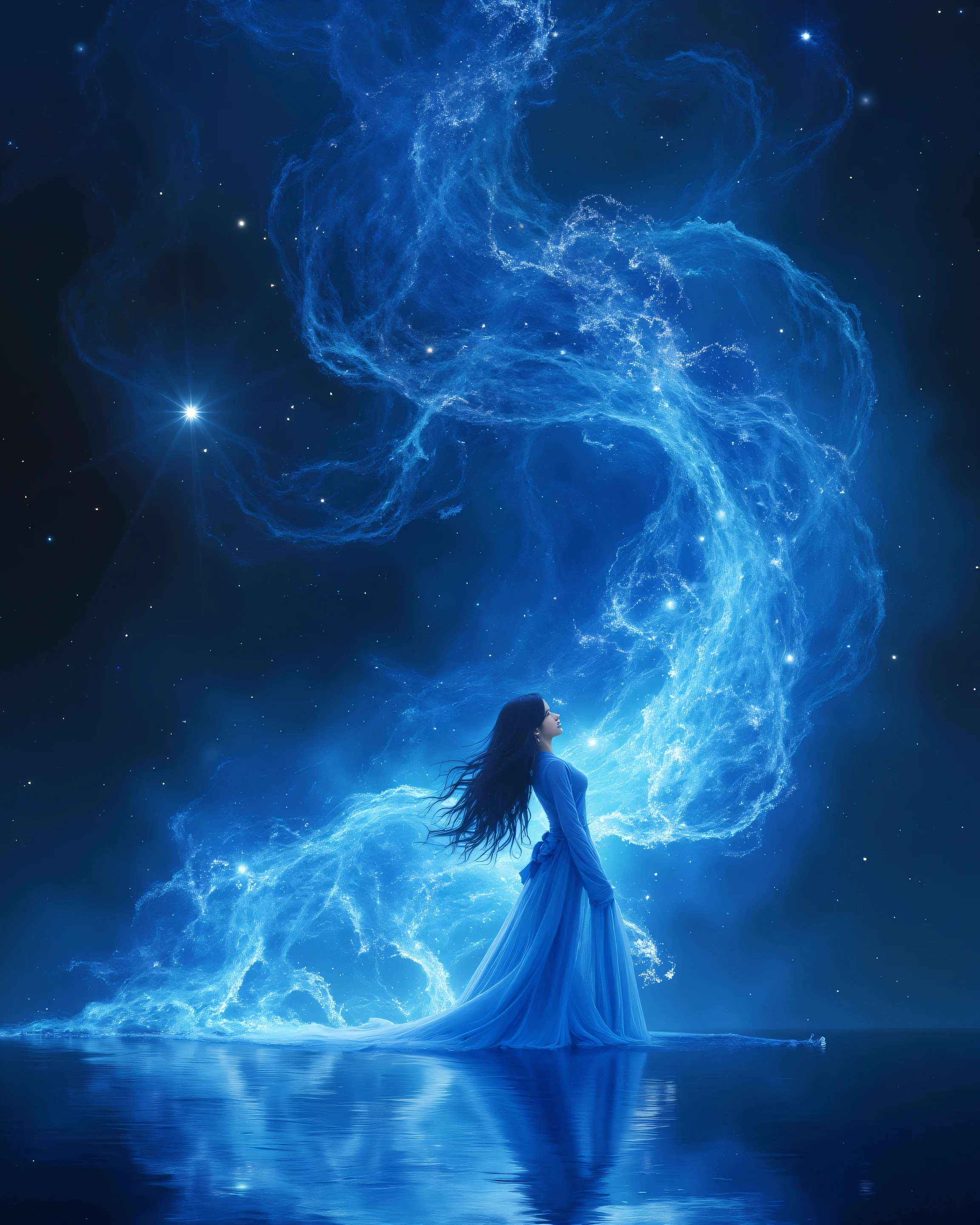 Yoshitaka Amano、 final fantasy \(series\), ( Science Fiction :1.1), (achromatic :1.1), (Horizontal position:1.2), ( Very Long Wavy Glowing Hair:1.1), (glowing vortex:1.2), UNDERBOB , ( skindentation:1.1), universe, universe雲, black hair, (Beautiful blue kimono :1.1), (A woman who fantastically dances modern dance:1.2), (A body that gives off an aura:1.2), Woman in the middle of the lake、
, masterpiece, top quality, great quality, so beautiful, latest, Godley、Lake Reflected Pattern 、 crystal earrings ,