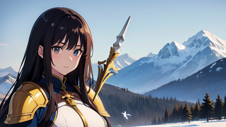 Young demigoddess of destruction, single brown wing, armor, armored dress, long brown hair on one side, rainbow highlights in hair, golden eyes, gold shining eyes, smug smile, top of a mountain, snow forest, falling snow, battle axe, big single wing, black wing, slightly narrowed eyes, arrogant smile, one wing, one big angel wing rainbow hair highlights, colorful hair highlights, angel wing, great angel wing, powerful angel wing