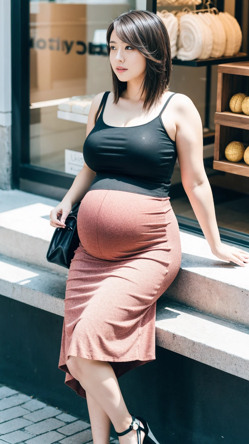 masterpiece, Best Quality, 8K,looking at the viewer,Japanese Lady,20 years old, huge pregnant, Voluptuous, boutique background, half tight fit top, midi skirt, shoulder length hairstyle, sitting