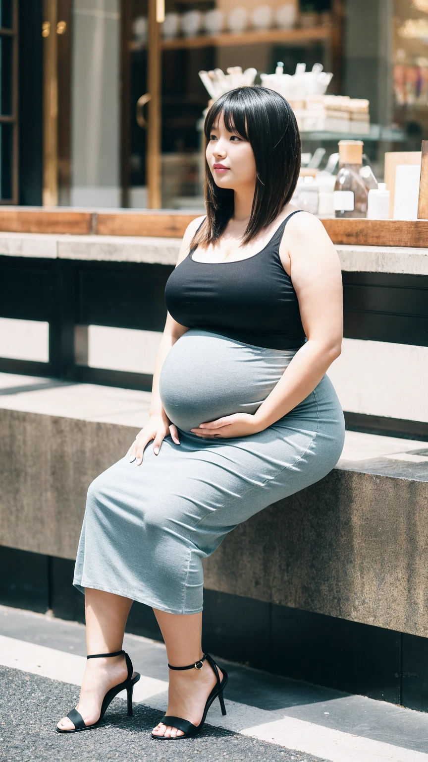 Highly detailed 8k wallpaper), 8k,best quality, masterpiece, ultra high resolution,(lifelike:1.4), original photo, sharp focus, detailed, dramatic, Exquisite and beautiful woman, (huge pregnant),(tall and straight:1.1), (Without), (droopy giant:1.1), (Fat Evil Goddesetallic high-leg one-piece racing turtleneck knit dress:1.0),(Dark purple and black lines,turtleneck knitted bodycon skirt),(thin fabricmetalone-pieceracing ), Half butterfly earrings, Double ring necklace, (defiance:1.05), (65 years old, : 1.4), cosmetic, (lipstick: 1.1), (Eyeliner: 1.2), mascara, eye shadow, curls, dynamic angle, (red lips)nice graphics, current employer，spectacular view, wide windows, show your whole body, standing beside window,phone photo of {subject and location} posted to {some social media} in {some time frame} --style raw --s 0 --ar {some vertical aspect ratio}.