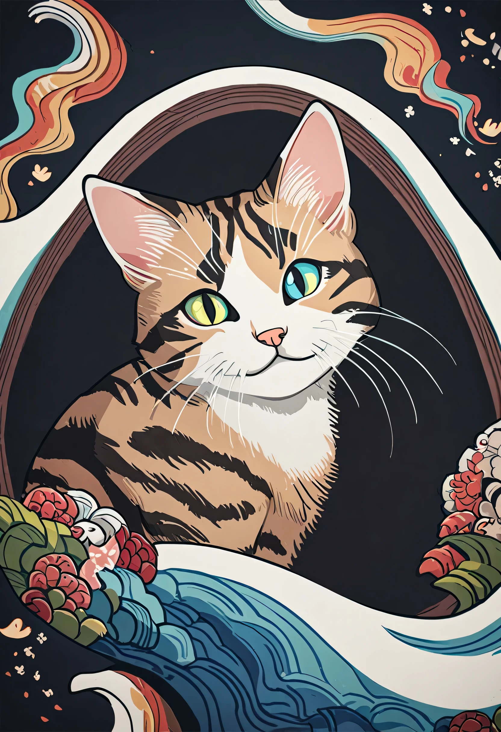 Japanese ukiyo-e style artwork,
Cat Painting with bright colors on a black background, Alessandro Pautasso's paintings, Detailed painting 4k, Vector art by 、 Colourful and Highly Detailed , a Cat Painting, Cat Painting, in a Cat Painting, beautiful 4K art, Vadim Kashin. surreal , detailed 4k painting