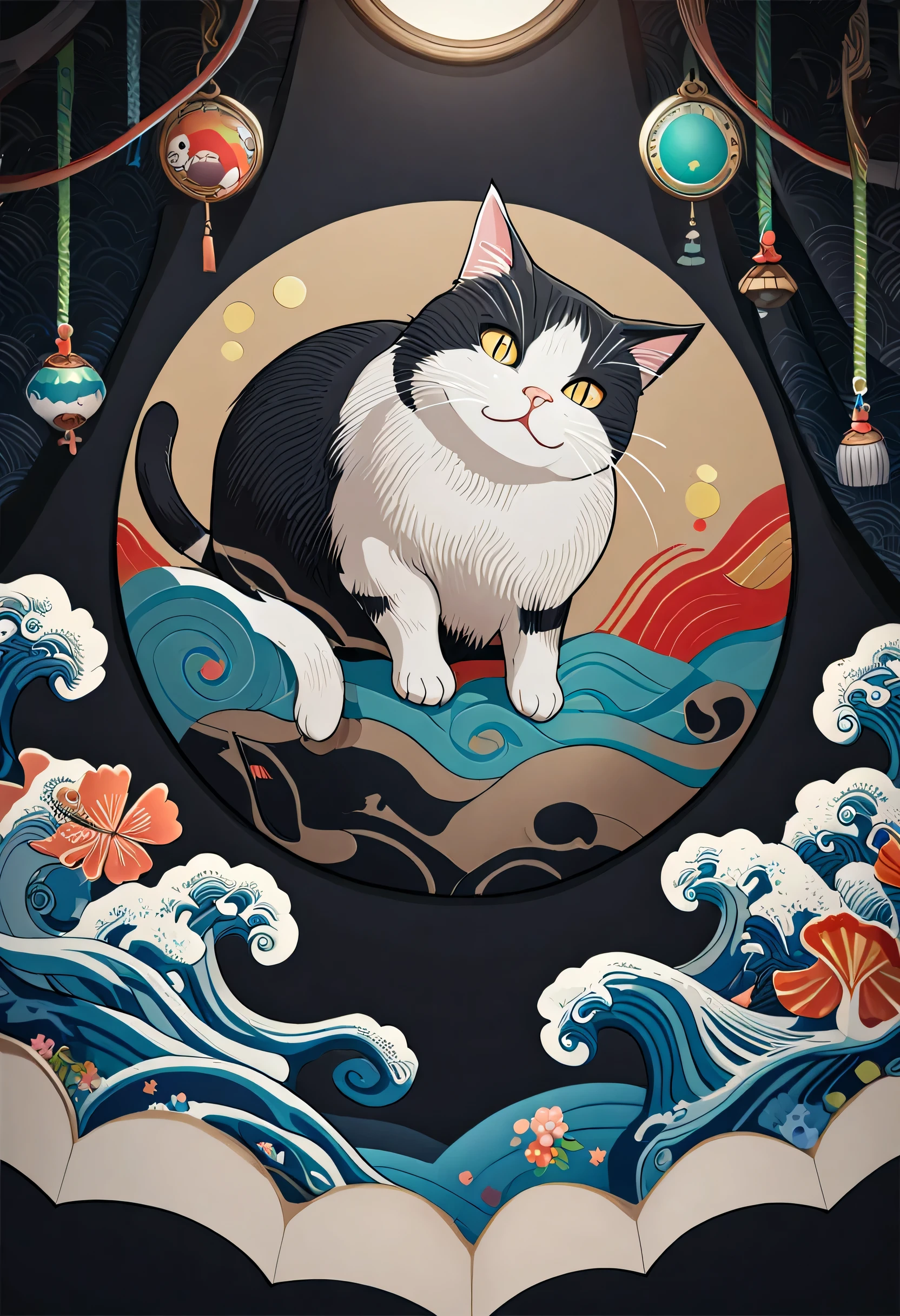 Japanese ukiyo-e style artwork, 
Cat Painting with bright colors on a black background,  Alessandro Pautasso's paintings, Detailed painting 4k, Vector art by 、 Colourful and Highly Detailed , a Cat Painting, Cat Painting, in a Cat Painting,  beautiful 4K art, Vadim Kashin.  surreal ,  detailed 4k painting 