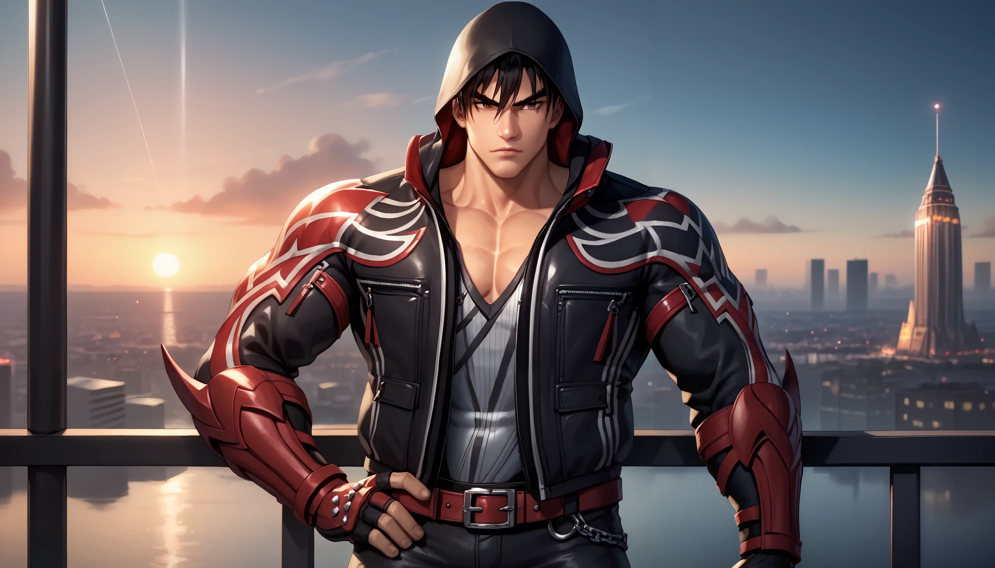 (masterpiece, best quality:1.2), <lora:guiltygear_badguy-17:1>, cowboy shot, solo, male focus, 1boy, sol badguy, muscular male, grin, looking at viewer, hand on hip, brown hair, ponytail, headband, red jacket, white pants, fingerless gloves, belt