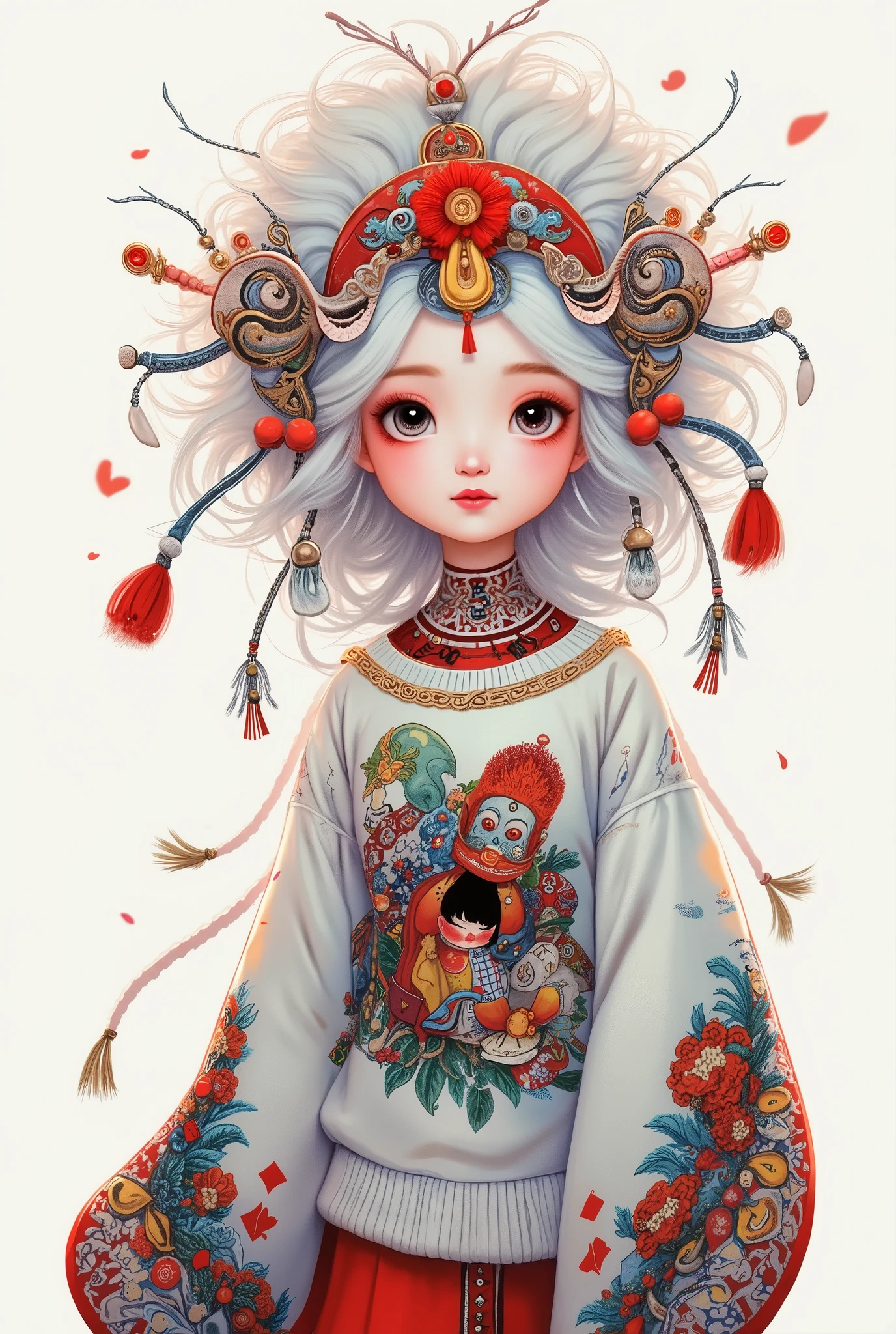 illustration， cartoon，Pixar，( masterpiece,   Best Quality :1.2), 1 Chinese Grandma ,  is unique，White wavy hairstyle， Light and Fluffy Long Hair ，扑克牌发带，扑克牌毛衣，pure background ，in style of Dieselpunk , 