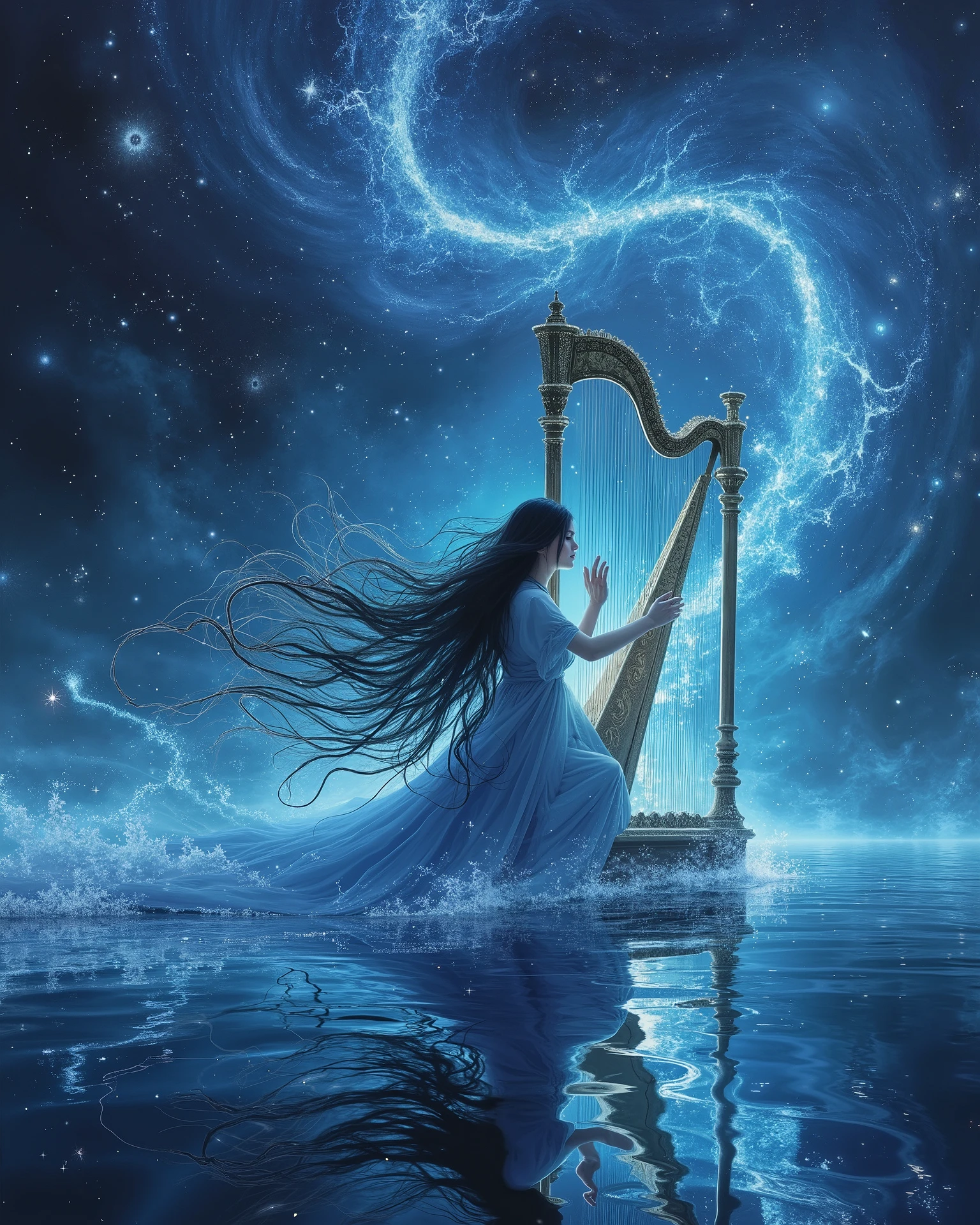 Yoshitaka Amano、 final fantasy \(series\), (  Science Fiction :1.1), (achromatic :1.1), (Horizontal position:1.2), ( Very Long Wavy Glowing Hair:1.1), (glowing vortex:1.2),  UNDERBOB , ( skindentation:1.1), universe, universe雲, black hair, (Beautiful blue kimono :1.1), (A woman who plays the harp in a fantastic way:1.2), (A body that gives off an aura:1.2), Woman in the middle of the lake、
, masterpiece, top quality, great quality, so beautiful,  latest, Godley、Lake Reflected Pattern 、 crystal earrings , 