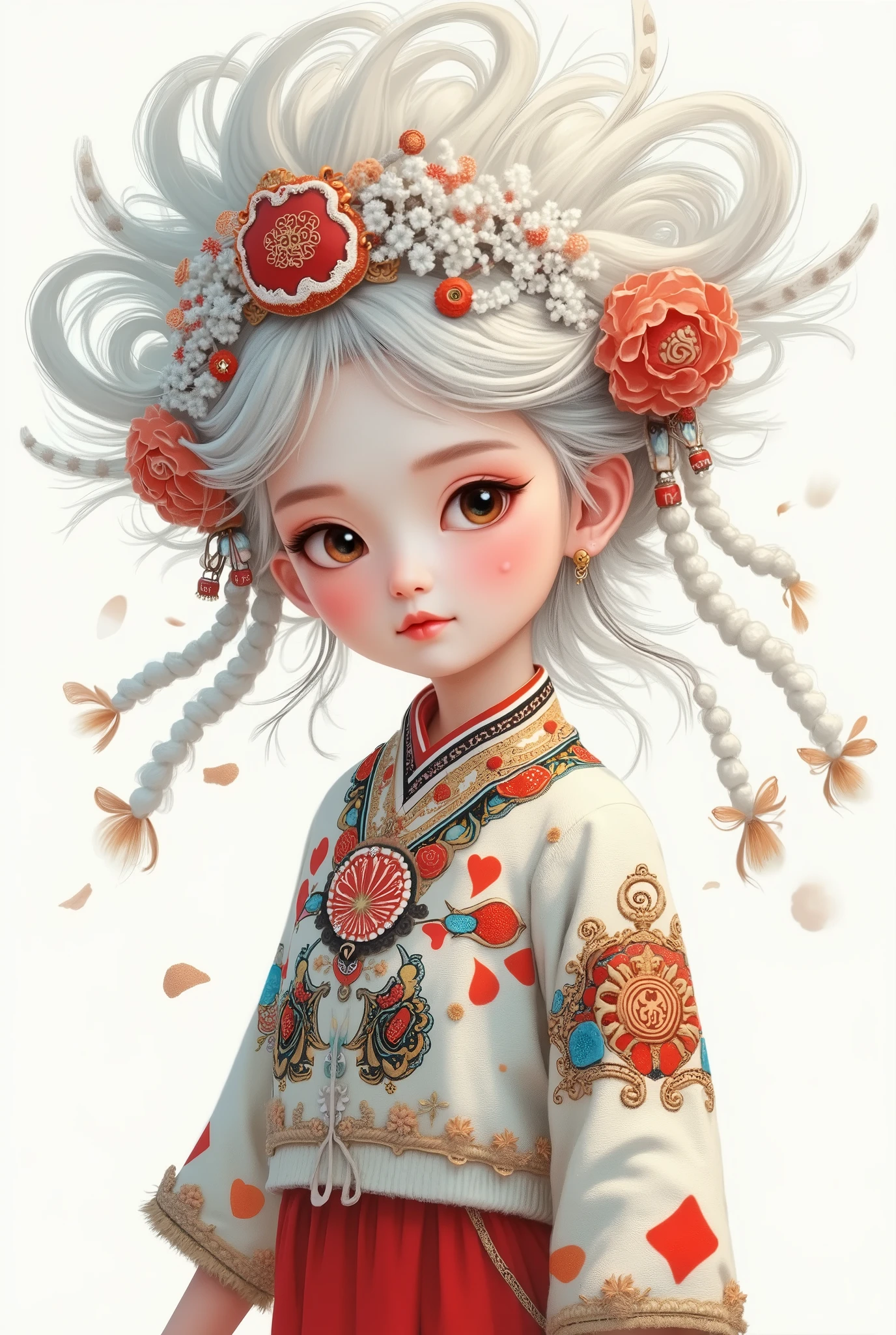 illustration， cartoon，Pixar，( masterpiece,   Best Quality :1.2), 1 Chinese Grandma ,  is unique，White wavy hairstyle， Light and Fluffy Long Hair ，扑克牌发带，扑克牌毛衣，pure background ，in style of Dieselpunk , 