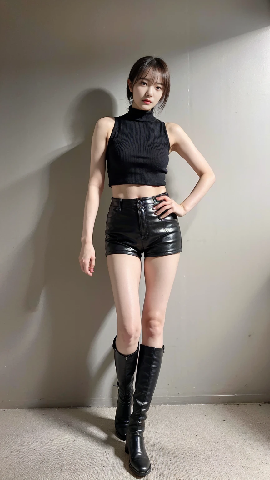 (8k、 RAW Photo、 top quality 、 masterpiece:1.2)、( By Mr. Nomi、 By Mr. Nomi)、 (( sleeveless、 hot pants 、 black、 long boots、whole body、 is standing、 Writing Poses、 cute、 condescending expression ))