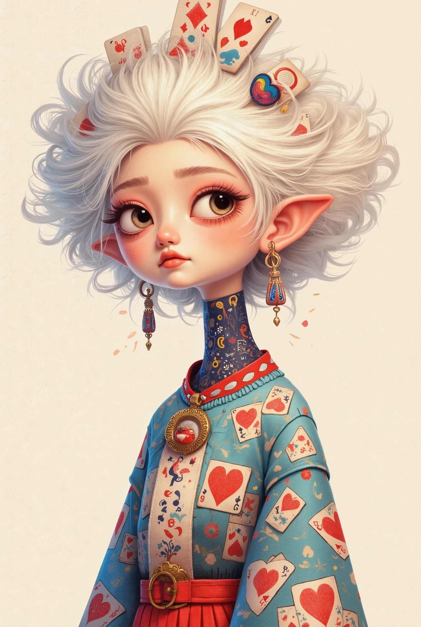 illustration, cartoon,Pixar,( masterpiece, Best Quality :1.2), 1 Chinese Grandma , is unique,White wavy hairstyle, Light and Fluffy Long Hair ,扑克牌发带,扑克牌毛衣,pure background ,in style of Dieselpunk ,
