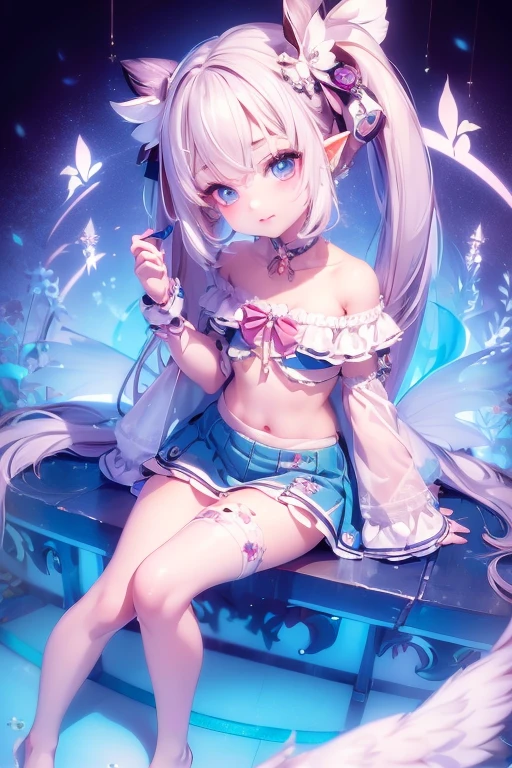 (8K, best quality, master piece: 1.5),super high resolution, One girl, solo, full body, junior high school student, ultra-detailed face, detailed eyes, rainbow colored iris, (cyan eyes), short twin tails, Silver gray hair, blunt bangs, hairclip, orgasm face, masturbation, pale skin, Medium chest, hot pink color princess dress, bare legs, anklet, garden, wariza