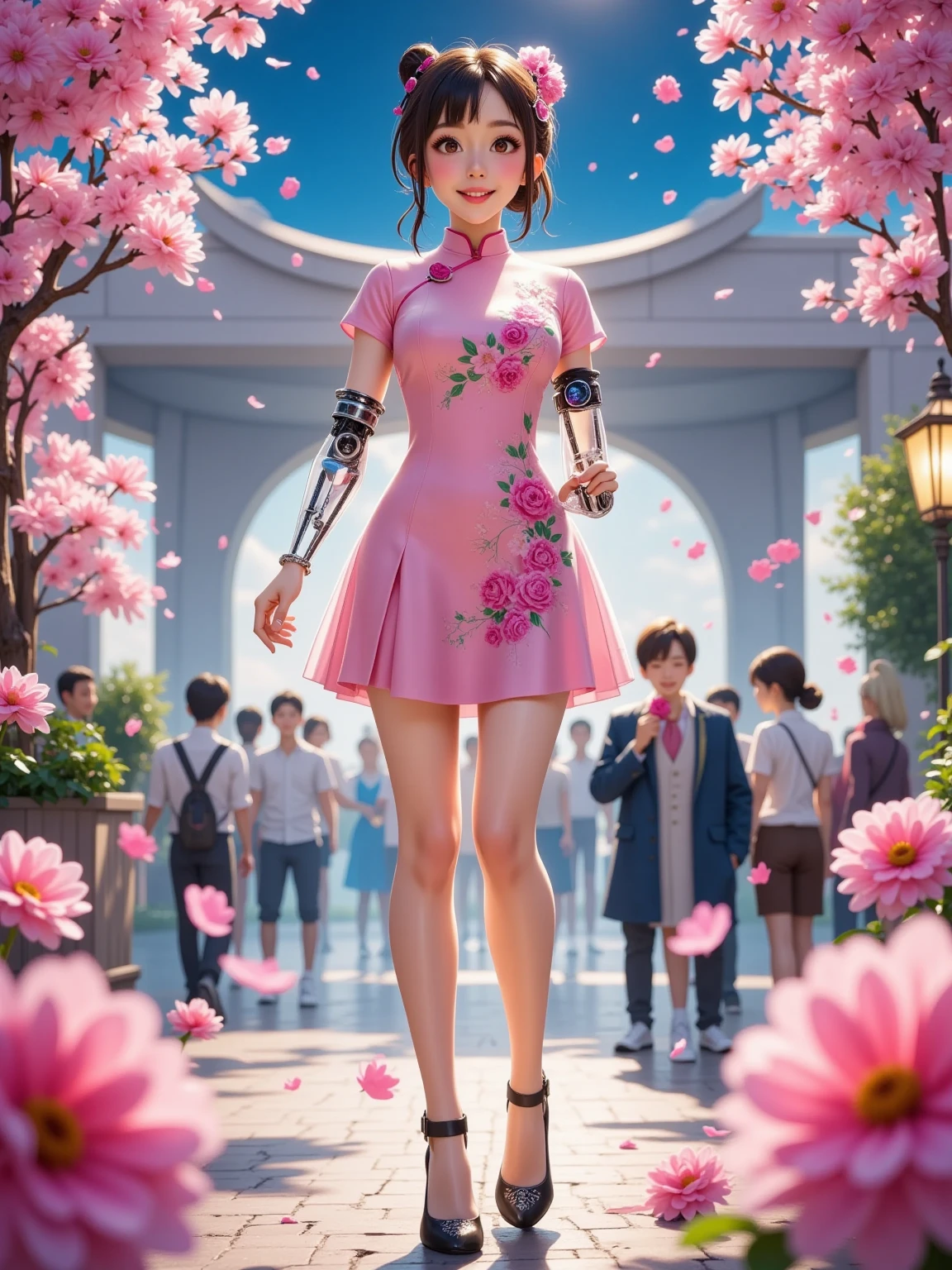 (full-body shot:1.4), Space Art, 1 Cheongsam woman, whole body, Standing, Transparent robotic arm, slim body, Perfect proportions, Exquisite hair accessories, Smile, Transparent mechanical shoes, Oriental elements, (bokeh), high quality , 4K, 3d
