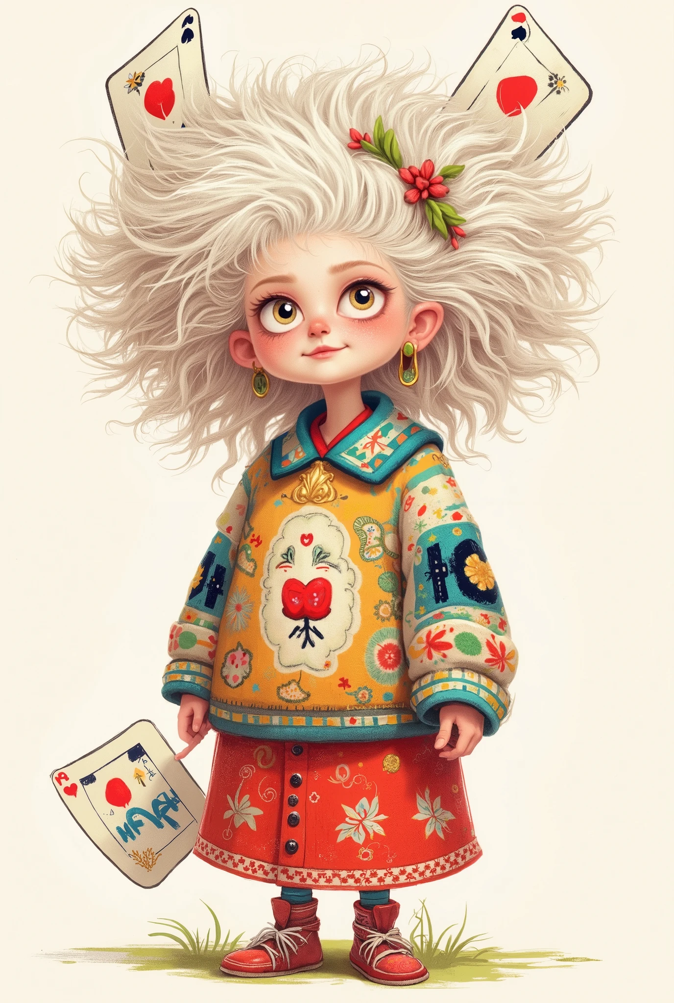 illustration， cartoon，Pixar，( masterpiece,   Best Quality :1.2), 1 Chinese Grandma ,  is unique，White wavy hairstyle， Light and Fluffy Long Hair ，扑克牌发带，扑克牌毛衣，pure background ，in style of dieselpunk , 