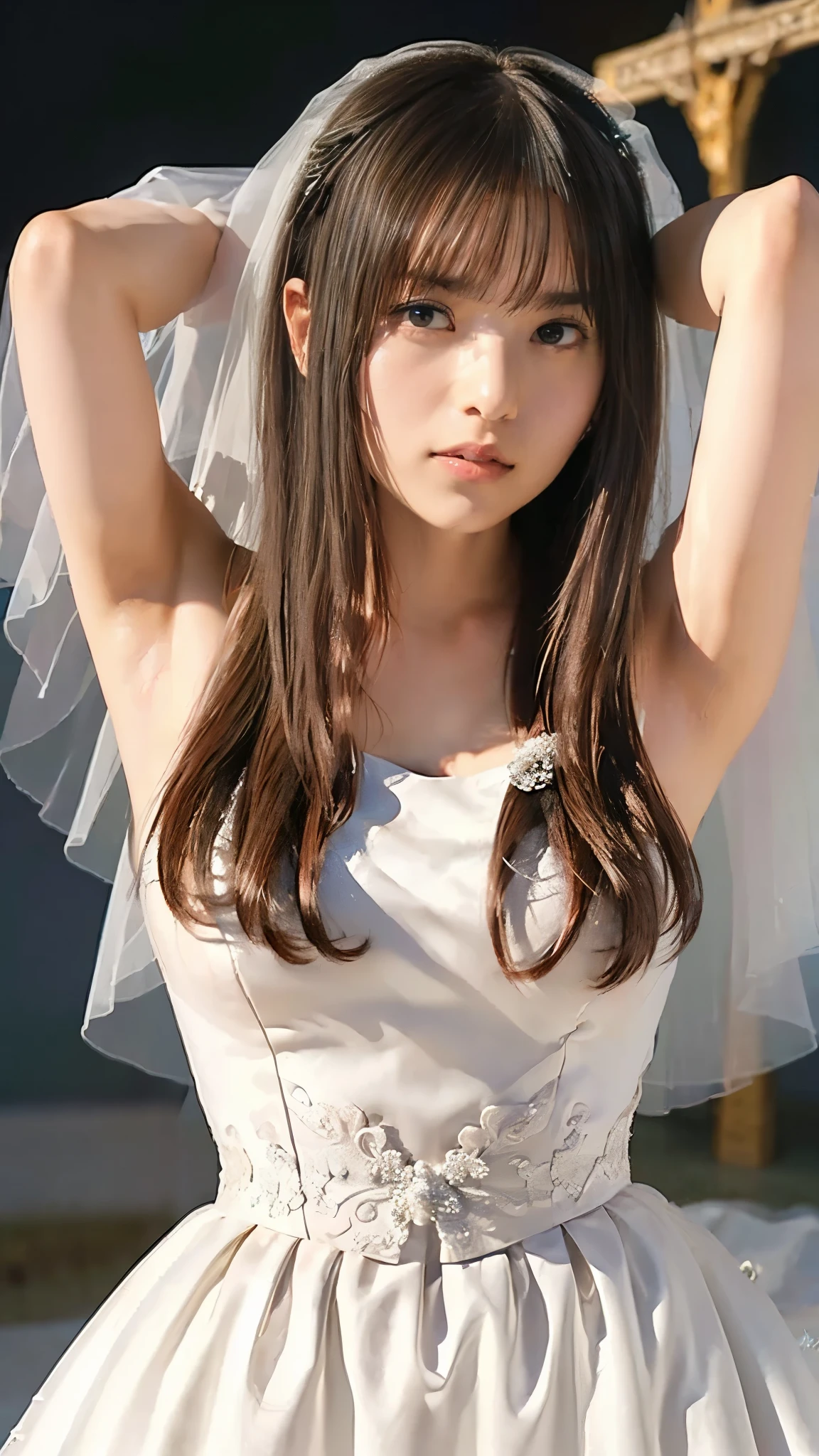 (8k、RAW Photos、highest quality、masterpiece:1.2)、(Realistic、Realistic)、1 woman、(((white wedding dress)、long skirt、long Hair and bangs、wedding aisle、armpit ,Crucifixion,midnight,))、Lots of eyelashes、Glowing eyelids、skeletally correct、Crucifixion、midnight,rain