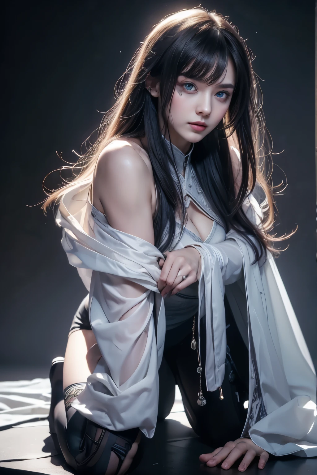 tall girl with fangs sitting in the street at night, sexy pose ,snow on the ground, wet clothes, seductive, beauty spot on chin, wearing a loose oversized jacket, off the shoulder, fishnet leggings, wearing an oversized dress, wearing a long loose white shirt, sexy thighs, side pose, small mole on the chin, blushing, neon lights in the background, detailed background, raining, long sleeves, neck choker with necklace, long necklace, evil look, detailed digital anime art