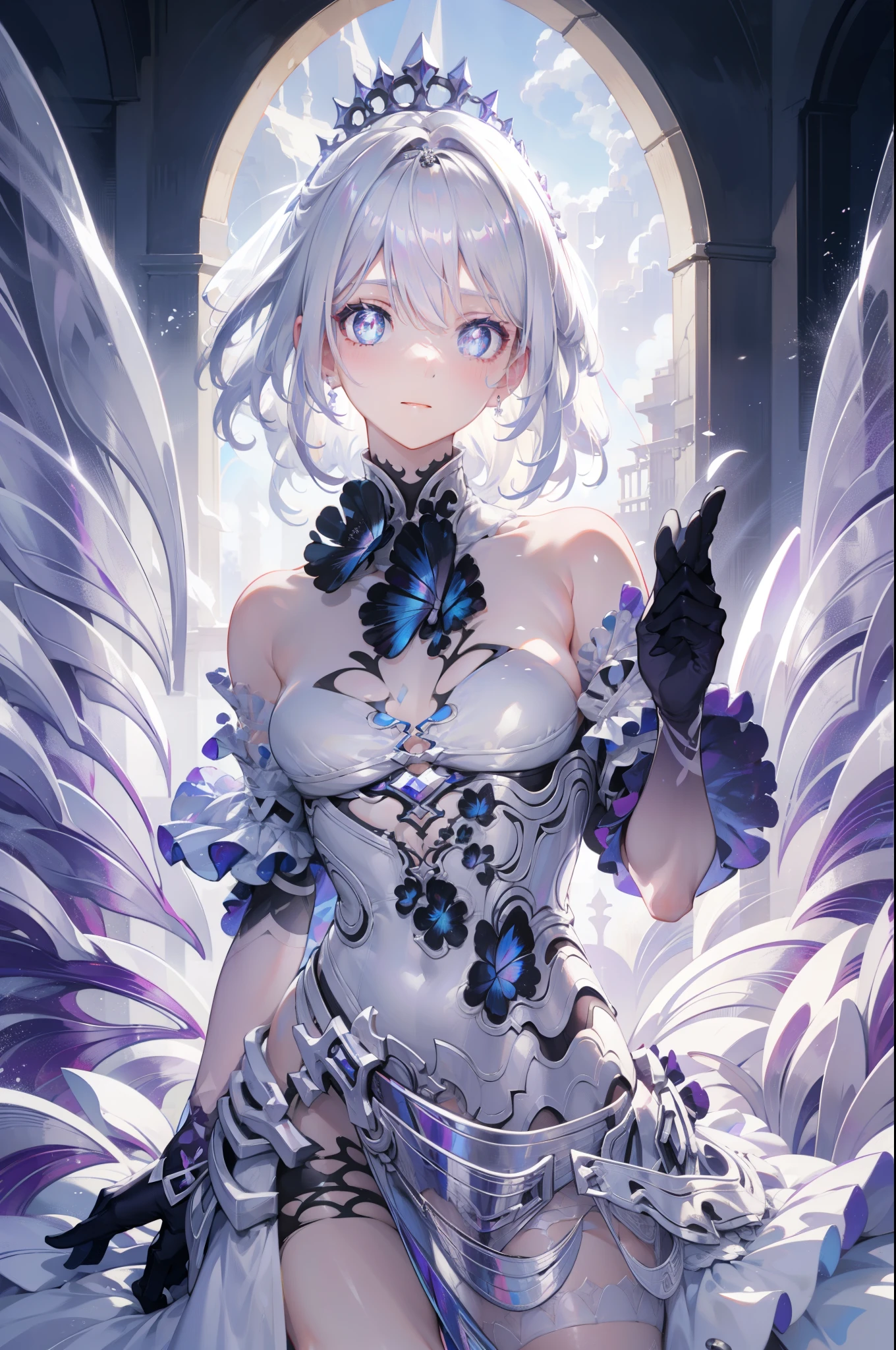 silver hair,Butterfly,long white hair,white wedding dress,8k wallpaper,Detailed background,Highest resolution,Deep V big breasts,hair covering one eye,bandeau wedding dress,Chis,White Rose,tight,