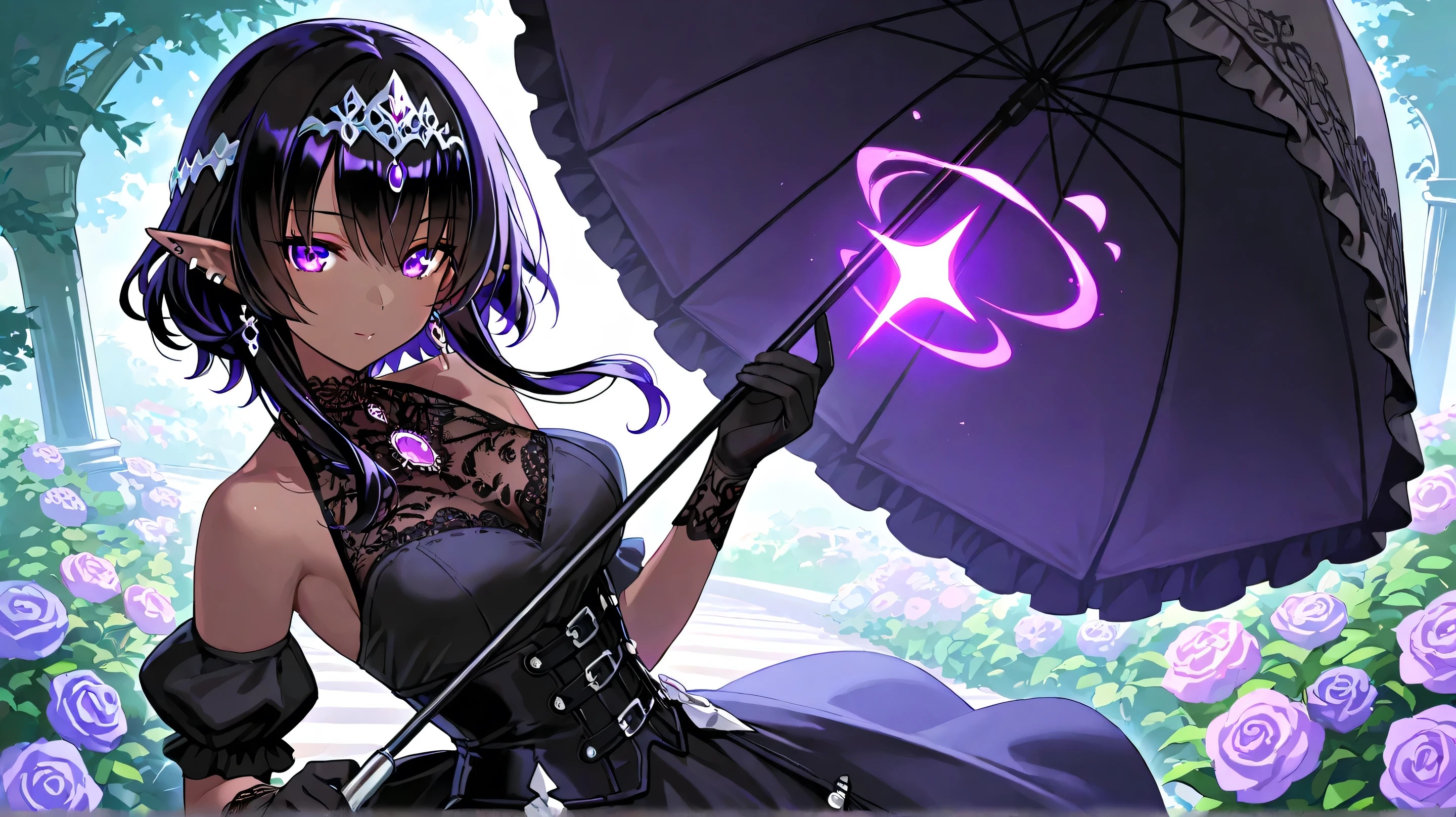 Masterpiece, Best Quality, A stunning dark elf woman with long, wavy silver and black hair, dressed in an elegant gothic fantasy outfit. She has piercing violet eyes and pointed ears adorned with intricate jewelry. She wears a black lace choker with a glowing purple gemstone, matching her headpiece and earrings. Her outfit consists of a black corset with delicate white lace accents, complemented by black gloves. She gracefully holds a black parasol, standing amidst a garden of vibrant purple roses. The soft ambient lighting creates a dreamy, mystical atmosphere, with light filtering through the foliage, casting elegant shadows on her face and attire.