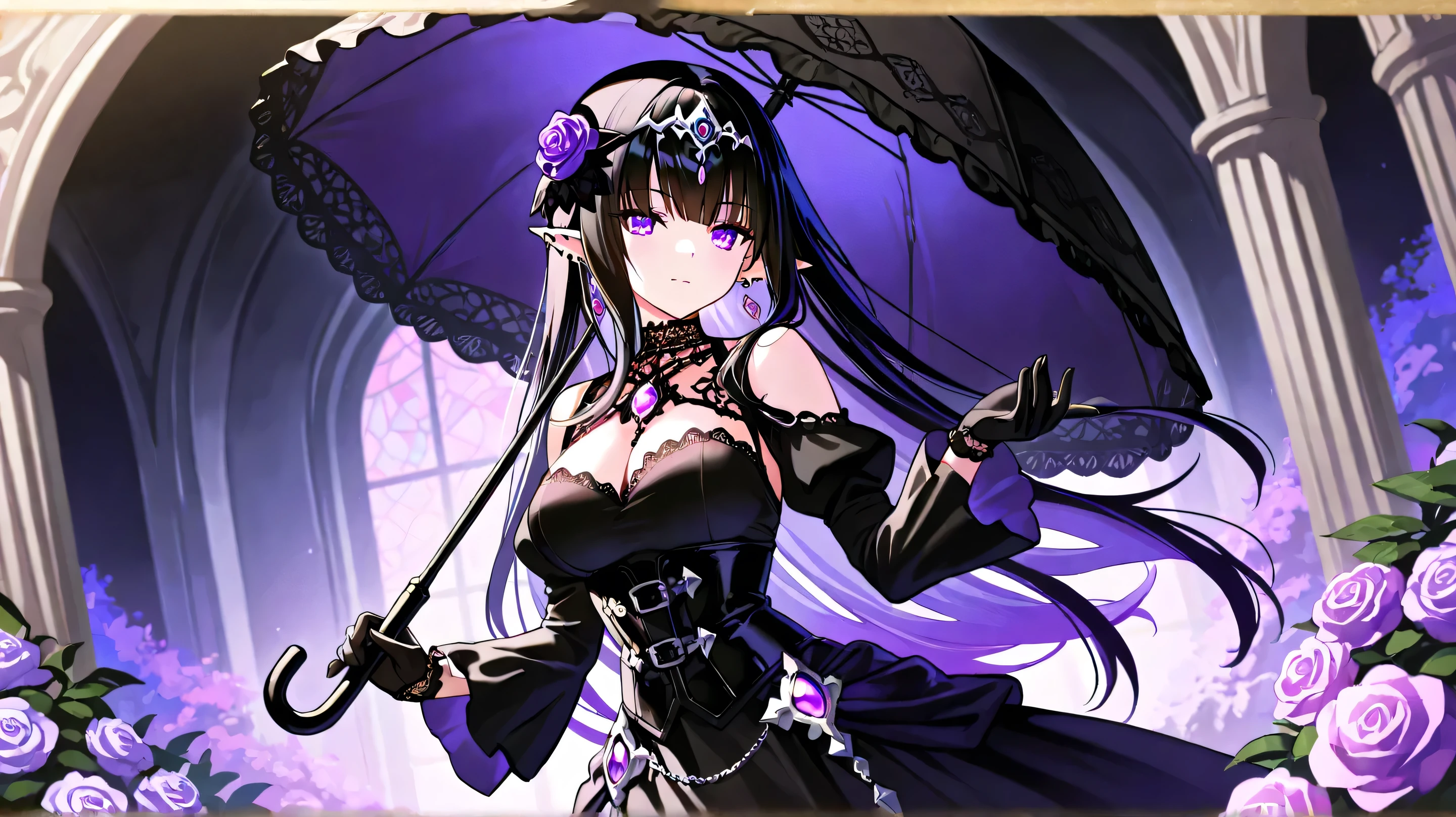 Masterpiece, Best Quality, A stunning dark elf woman with long, wavy silver and black hair, dressed in an elegant gothic fantasy outfit. She has piercing violet eyes and pointed ears adorned with intricate jewelry. She wears a black lace choker with a glowing purple gemstone, matching her headpiece and earrings. Her outfit consists of a black corset with delicate white lace accents, complemented by black gloves. She gracefully holds a black parasol, standing amidst a garden of vibrant purple roses. The soft ambient lighting creates a dreamy, mystical atmosphere, with light filtering through the foliage, casting elegant shadows on her face and attire.