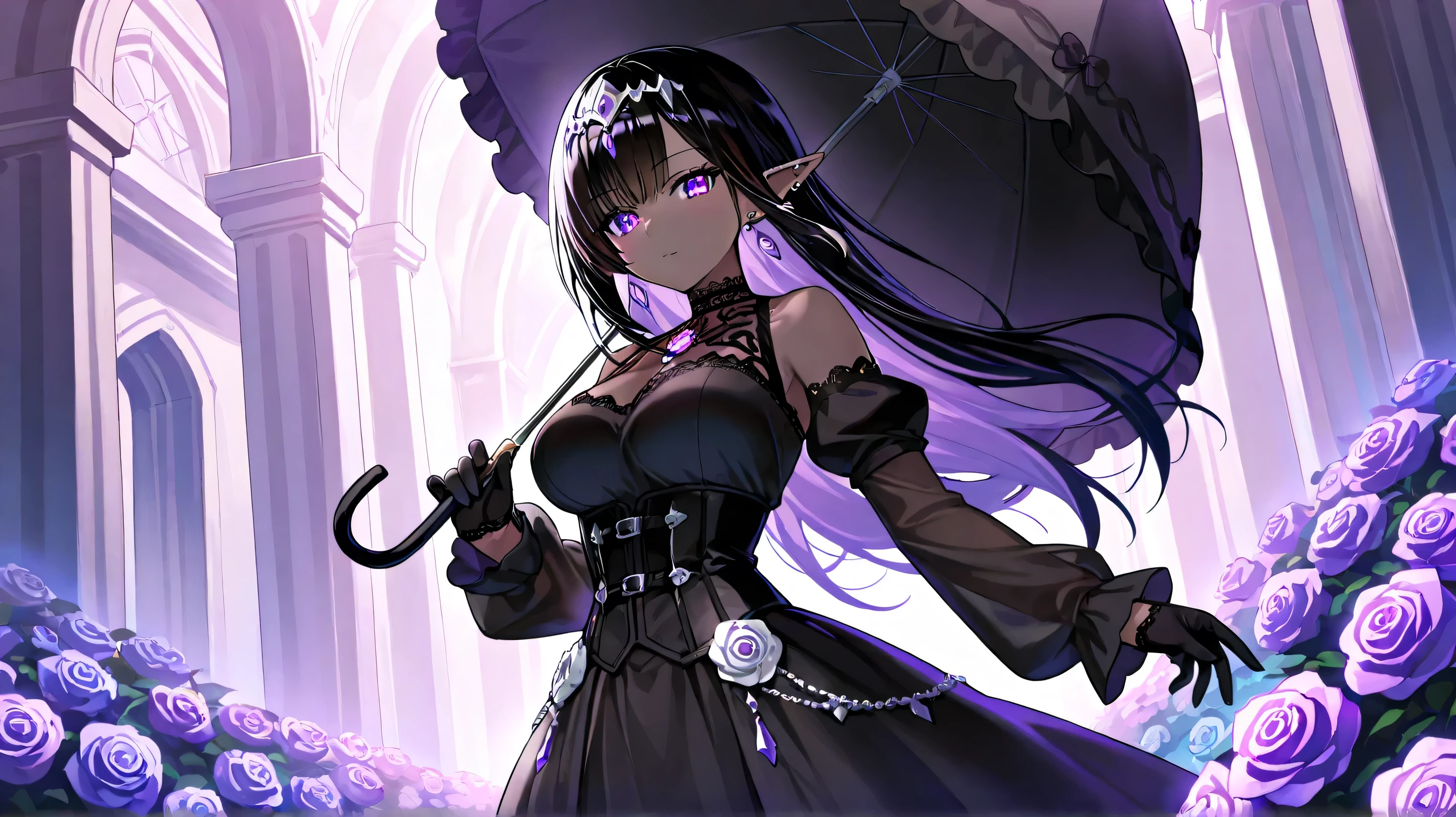 Masterpiece, Best Quality, A stunning dark elf woman with long, wavy silver and black hair, dressed in an elegant gothic fantasy outfit. She has piercing violet eyes and pointed ears adorned with intricate jewelry. She wears a black lace choker with a glowing purple gemstone, matching her headpiece and earrings. Her outfit consists of a black corset with delicate white lace accents, complemented by black gloves. She gracefully holds a black parasol, standing amidst a garden of vibrant purple roses. The soft ambient lighting creates a dreamy, mystical atmosphere, with light filtering through the foliage, casting elegant shadows on her face and attire.