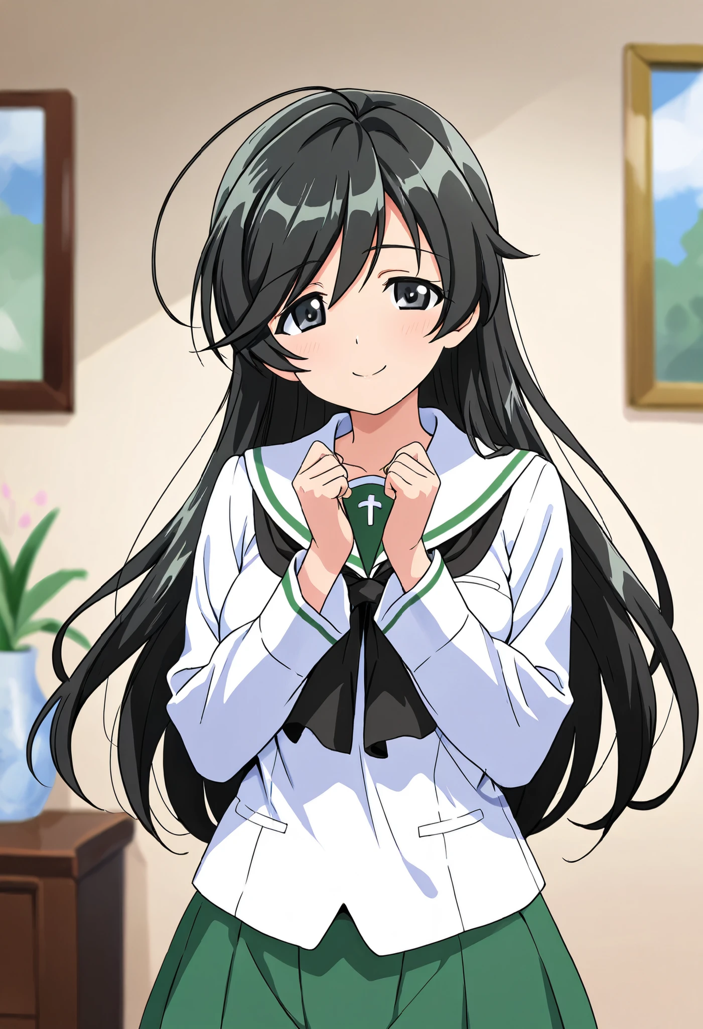 high res, top quality, Super Quality 、 shot from the front 、 smiles on the vase、 Super High Definition、Standing、 one girl、solo, Isuzu Hana , black hair, long hair, stupid hair, black eyes , Oarai school uniform ,White sailor collar, black neckerchief , white shirt, Long Sleeve , Green Skirt , Black Sox,smile