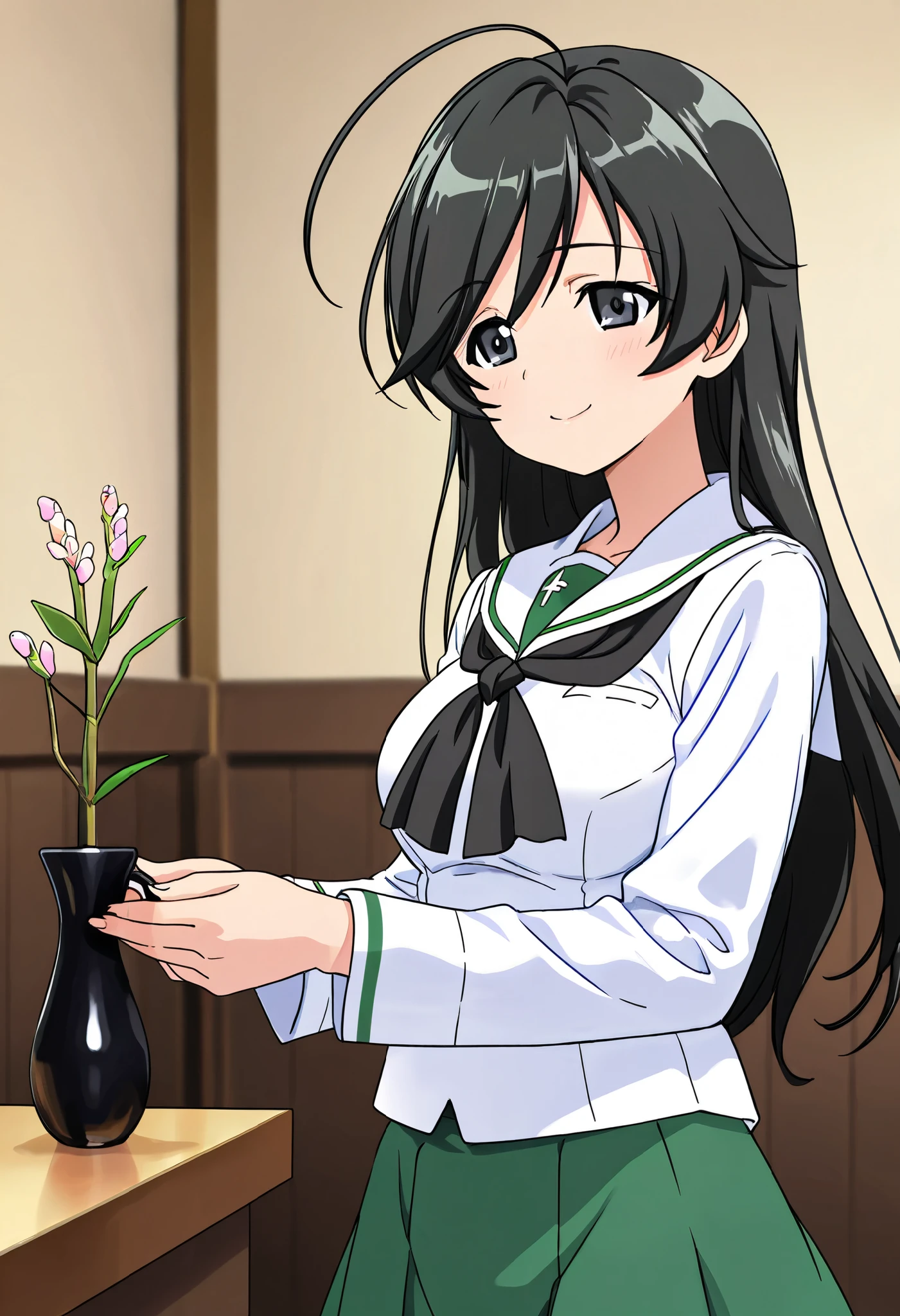  high res,  top quality,  Super Quality  、 shot from the front 、 smiles on the vase、  Super High Definition、Standing、 one girl、solo, Isuzu Hana ,  black hair,  long hair, stupid hair,  black eyes ,  Oarai school uniform ,White sailor collar, black neckerchief , white shirt,  Long Sleeve  , Green Skirt , Black Sox,smile
