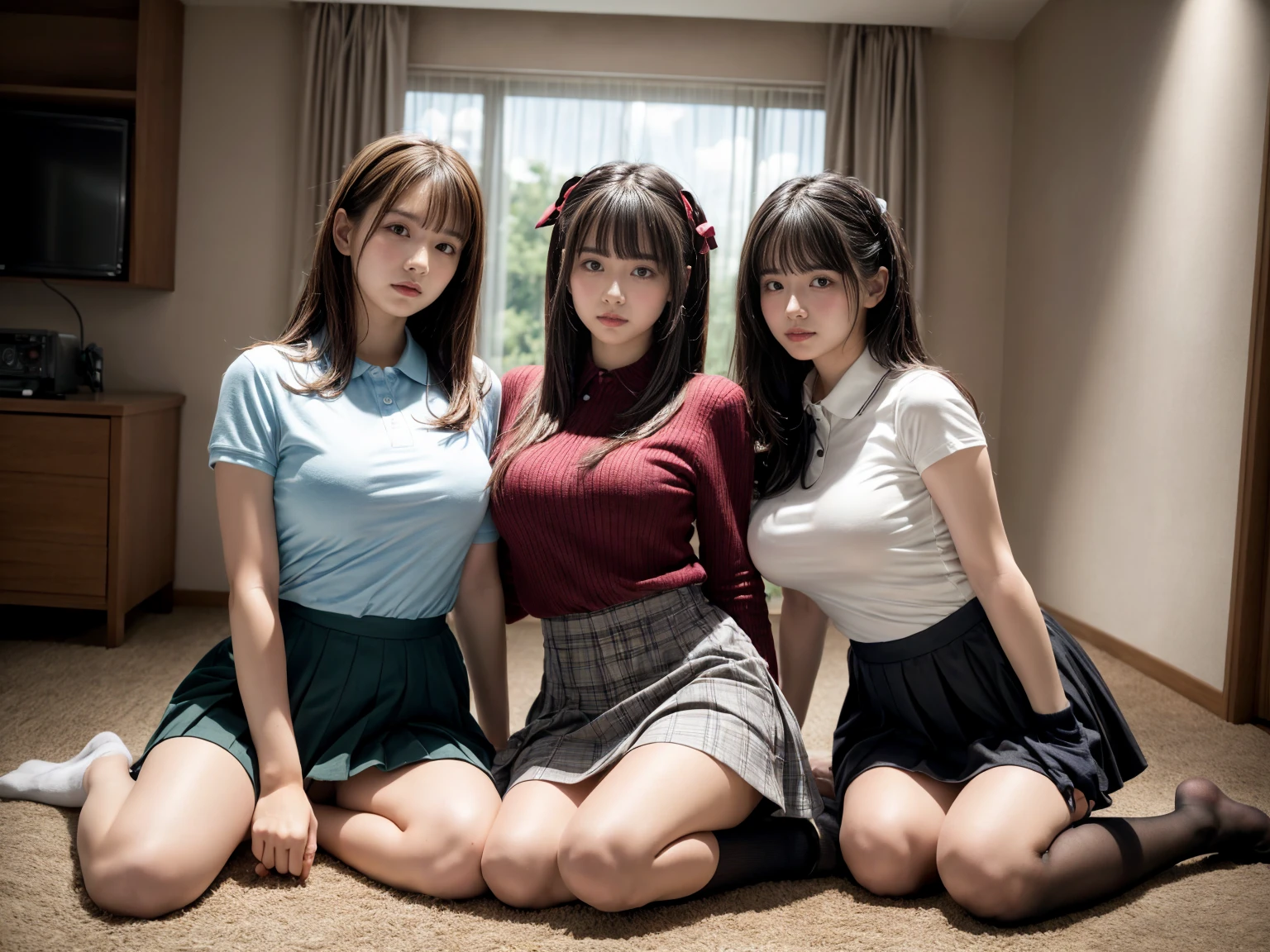((Highest quality、8K、16K、masterpiece:1.3))、((Highest quality)), ((masterpiece)), (Three Girls:1.5),Three people standing side by side in a row、Beauty、Embarrassed expression、(Three people lifting up a shirt:1.3), (Three people standing together),background:kitchen、apron、(blush:1.5)、Black Hair、LONG HAIR、A neat and clean woman、well endowed,huge breasts, sagging breasts、long breasts、Masterpiece、{{{best quality}}},{{an extremely delicate and beautiful}},{beautiful detailed eyes},realistic,from below、Positive、barefoot、Crotch close-up、,Beautiful legs、Thighs、pencil skirt、No bra、Mother, Very delicate eyes, Well-proportioned face, Normal Breast, mini skirt、In 8K, {{{{vulgarity}}}},smile、sweater,Flared skirt with floral pattern、voluptuous,DINAMIC ANGLE、naked ,apron、group picture,lineup,harem,multiple girls,lineup,Three people showing their boobs,{{{lift slirt:1.5}}}、Endure with closed eyes、The climax of pleasure、orgasm、All three lift their skirts to show their private parts、looking at the camera、Mansuji,{{{Yellow floral lace panties:1.3}}},{{{Detailed panty pattern}}},{{lace trim}},lace,Panty shot,pussy juice,The vagina is visible、{{{{vulgarity}}}},How,messy,wet,sweat、Nipples、looking at the camera、UNDER hair,public hair,steam