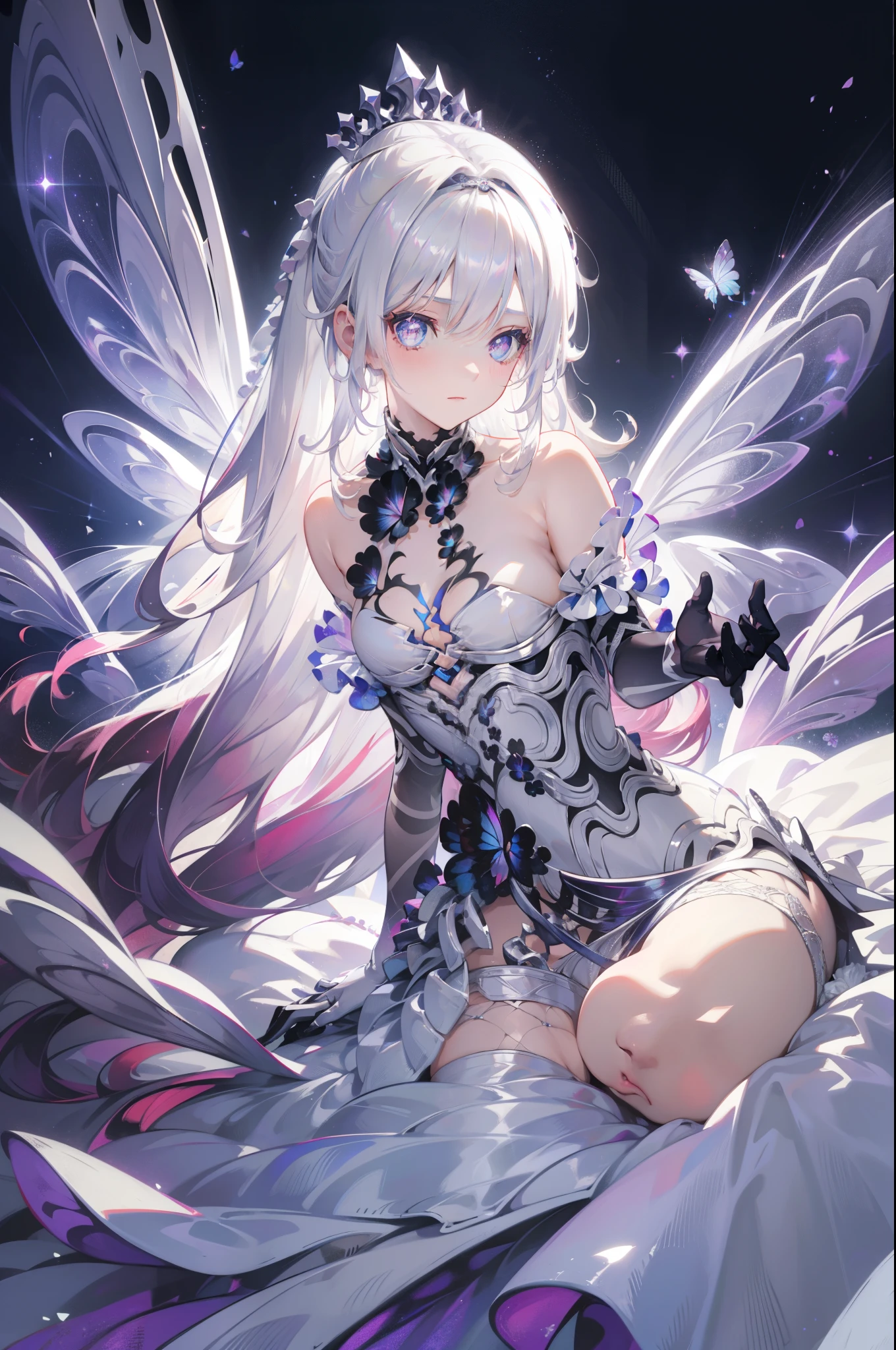 Silver Hair, Butterfly,White hair, white wedding dress, 8k wallpaper, detailed background, maximum resolution ,Deep V, hair covering one eye , strapless wedding dress ,Chis,White Rose,Tight, full body photo