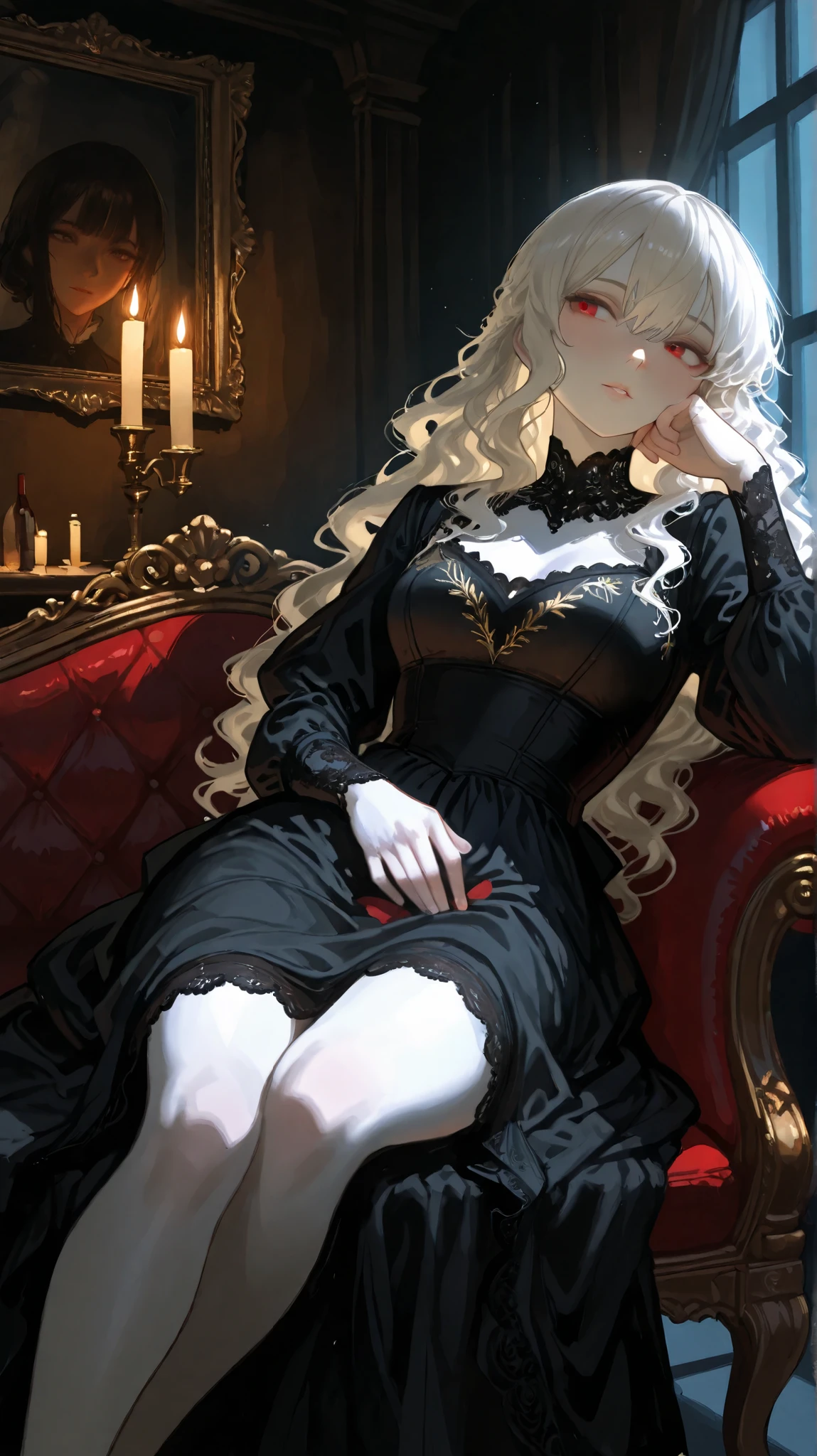 romantic painting of a beautiful widow (long dark wavy hair, pale delicate skin, wearing an elegant black Victorian dress with lace details and subtle embroidery), seated gracefully on a vintage chaise lounge, her body slightly reclining with one elbow propped against the armrest, her delicate fingers resting on her cheek, lost in thought, her other hand loosely holding a wine glass, her legs elegantly crossed beneath the flowing folds of her dress, candlelight flickering softly, shadows dancing across the dimly lit room, misty haze drifting outside the large window, chiaroscuro lighting emphasizing the contrast between candlelight and moonlight, highly detailed glazing and soft brush strokes, inspired by John William Waterhouse, romanticism style, mysterious and melancholic ambiance.