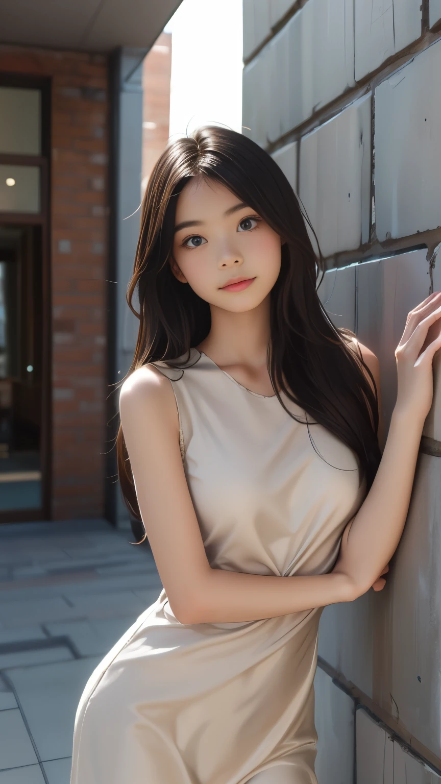 1 Girl,Leaning against the wall,Soft Light,Chinese Beauty,Silk dress,Long hair