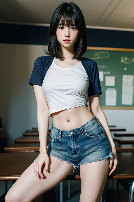 (8k、top-quality、​masterpiece:1.2)、(realisitic、Photorealsitic:1.5)、ultra-detailliert、女の子 1 人、a very cute、独奏、High School Classroom、daytime、full bodyesbian、Jumping、date、(Nasal blush)、 (a smile:1.3)、small tits、Fine and beautiful eyes、white tank tops、a miniskirt、(short-hair:1.2)、Float NovaFrogStyle、Denim miniskirt、hi-school girl、Cute Pose、real looking skin、 Slightly smaller face