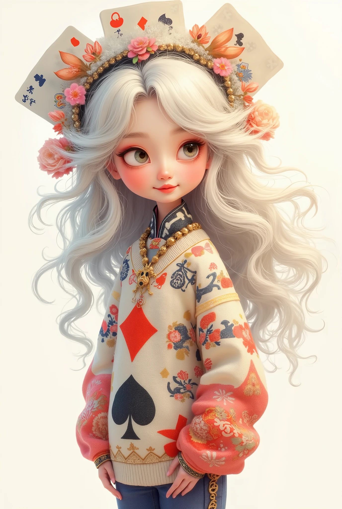 illustration， cartoon，Pixar，( masterpiece,   Best Quality :1.2), 1 Chinese Grandma ,  is unique，White wavy hairstyle， Light and Fluffy Long Hair ，（Playing card accessories ：1.7）（ playing card headbands and playing card sweaters）pure background ，in style of Dieselpunk , 