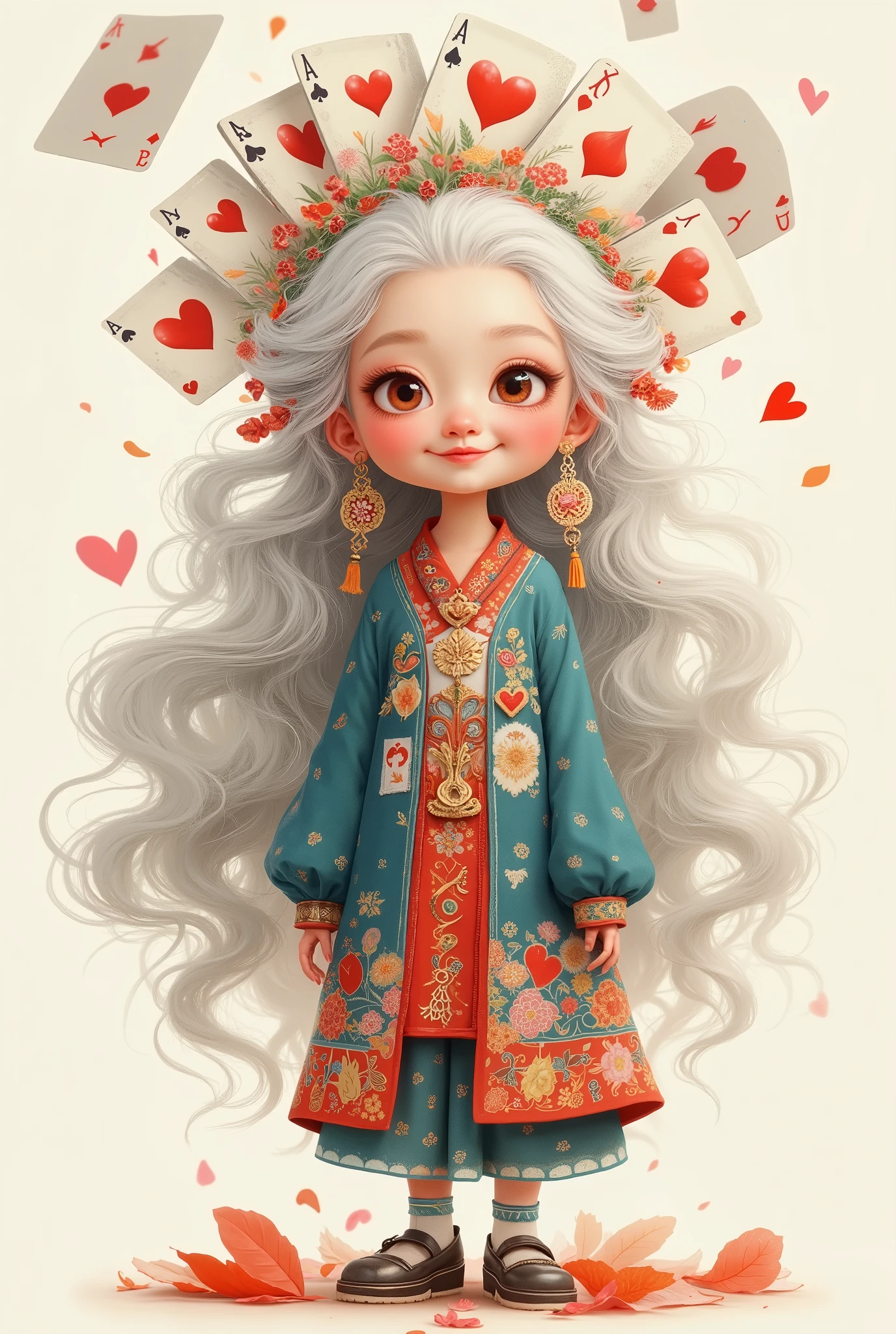 illustration， cartoon，Pixar，( masterpiece,   Best Quality :1.2), 1 Chinese Grandma ,  is unique，White wavy hairstyle， Light and Fluffy Long Hair ，（Playing card accessories ：1.7）（ playing card headbands and playing card sweaters）pure background ，in style of dieselpunk , 