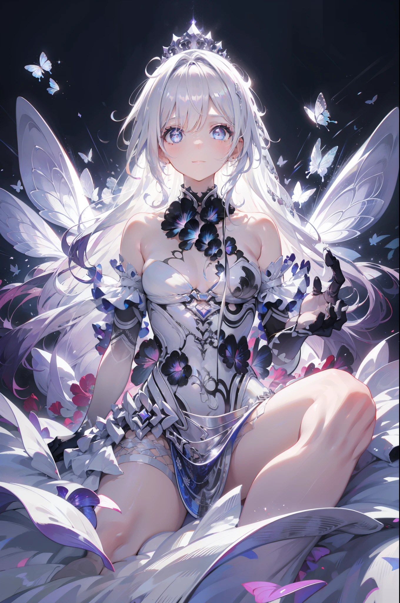 Silver Hair， Butterfly，White hair，  white wedding dress，    8k wallpaper，  detailed background，   maximum resolution   ，Deep V，   hair covering one eye ， strapless wedding dress ，Chis，White Rose，Tight,   full body photo  