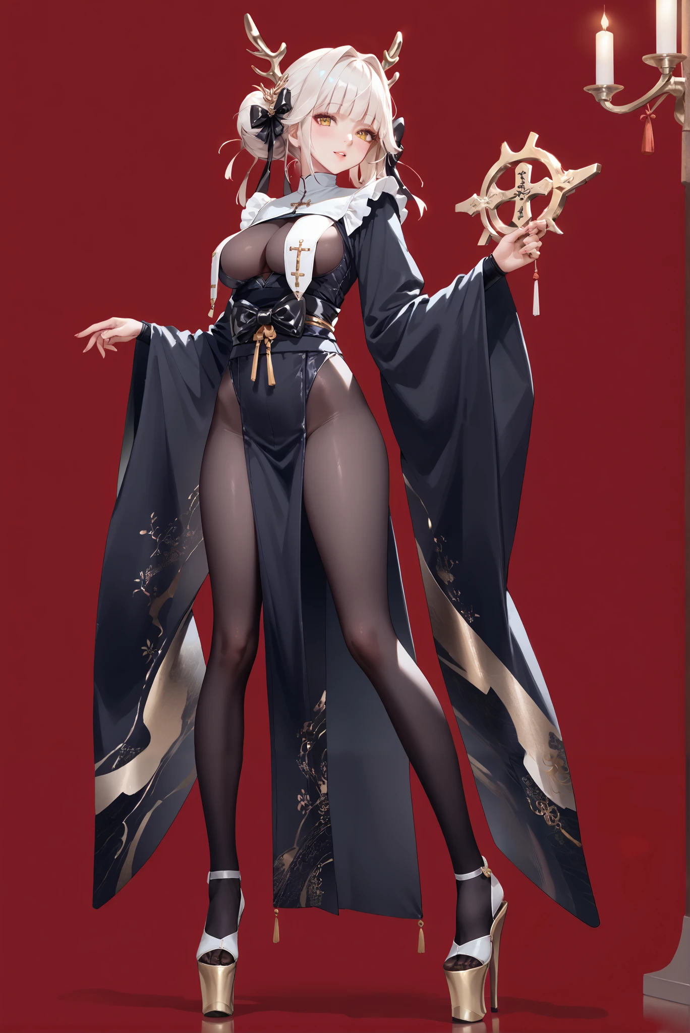 1girll, solo person,Long black hair,long whitr hair,Black eyes,Japan Priestess,White witch dress,white clothes,plumw,huge tit,fat hips,sharp fingernails,Thick legs,Royal sister face,mature,grown woman,der riese,immensity,large tall,Strong,Muscle woman,musculous,Muscle giantess,gigantic ass,The chest is larger than the head,Exaggerated big ass,high and cold,apathy,Be proud,Whole body diagram,sharp talons,Sharp nails,Sharp teeth,Japanese witches,rays of moonlight,the night,Background Shrine,komono,Japan kimono