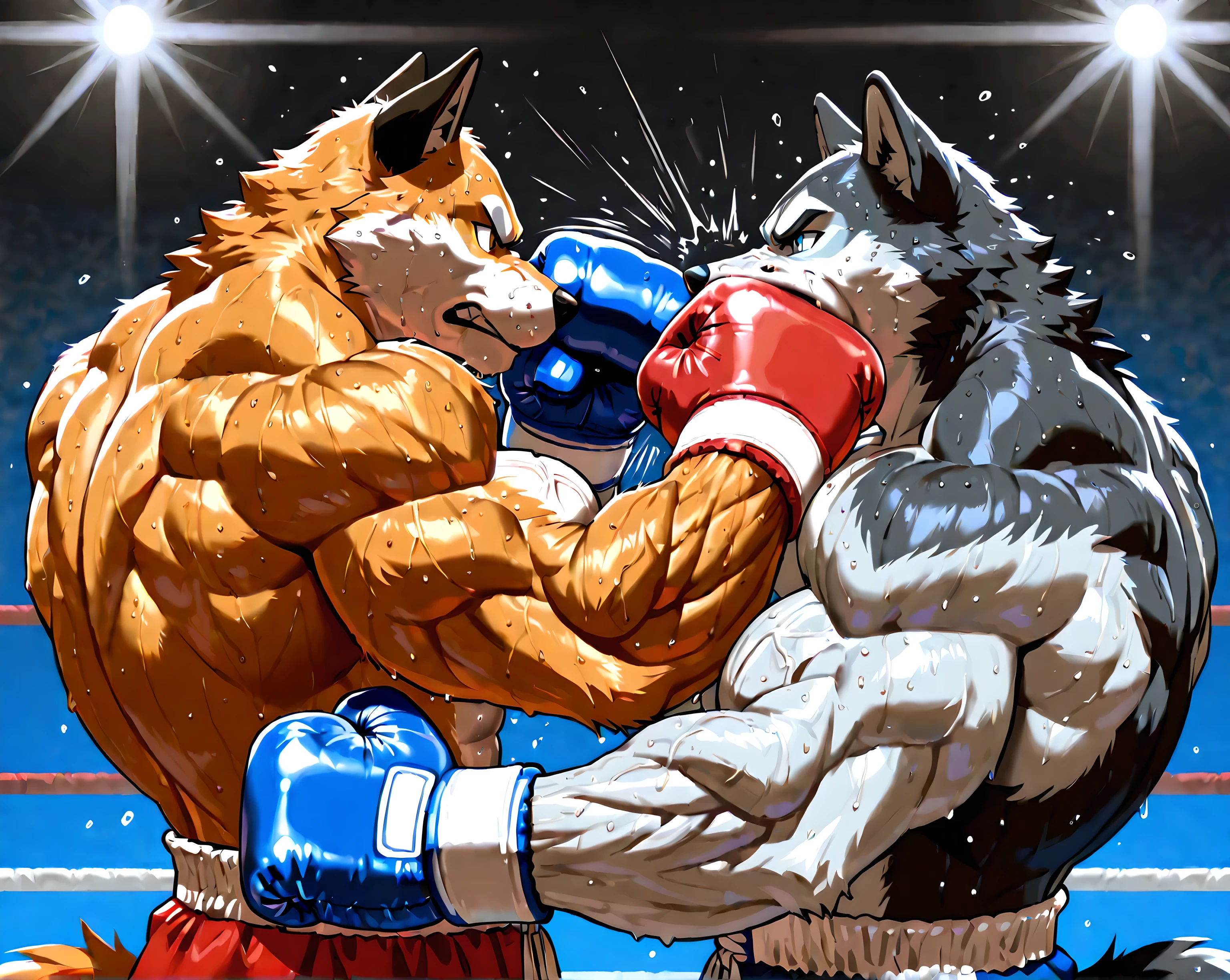 husky boxing against fox, husky, fox, 4k ultra quality, 4k, masterpiece quality, (sweaty, thick arms), very muscular, male, two characters, bulging muscles, boxing gloves, boxing_trunks, dynamic, (punching, punching_face, motion_blur, fist_against_face, impact)