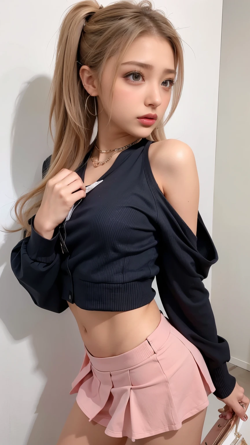 Gorgeous punk idol girl、whole body、Good style、、、、、、、、White tight shorts costume(Gold off shoulder)、、、、、Blonde roll hair、Wonder Belt、Fishnet tights