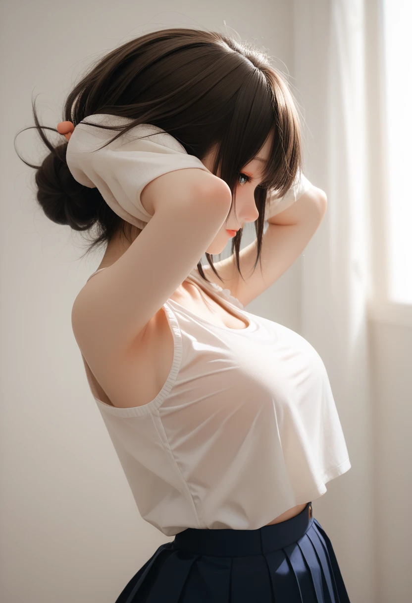 masutepiece, Best Quality、Realistic, ( Intricate details, depth of fields)、Hyper-Realism, 8K, Best Quality, Super Detail, retinas, ighly detailed, Perfect face, Perfect body, Huge breasts, Constriction, Very big ass, Glamour, indirect lighting, hair wavy、Shorthair、prety woman,A dark-haired、goddess of Japan、 the perfect appearance, Smile, Lolita, Oily skin、shinny skin, baretop((blanche))((Shoulder out))、T back、workplace、natural soft light, Anatomically correct((Full Body including thighs))a picture、Skin Texture、Officelady、Wearing a white shirt and a black tight skirt、Emphasis on the buttocks、Show your pants