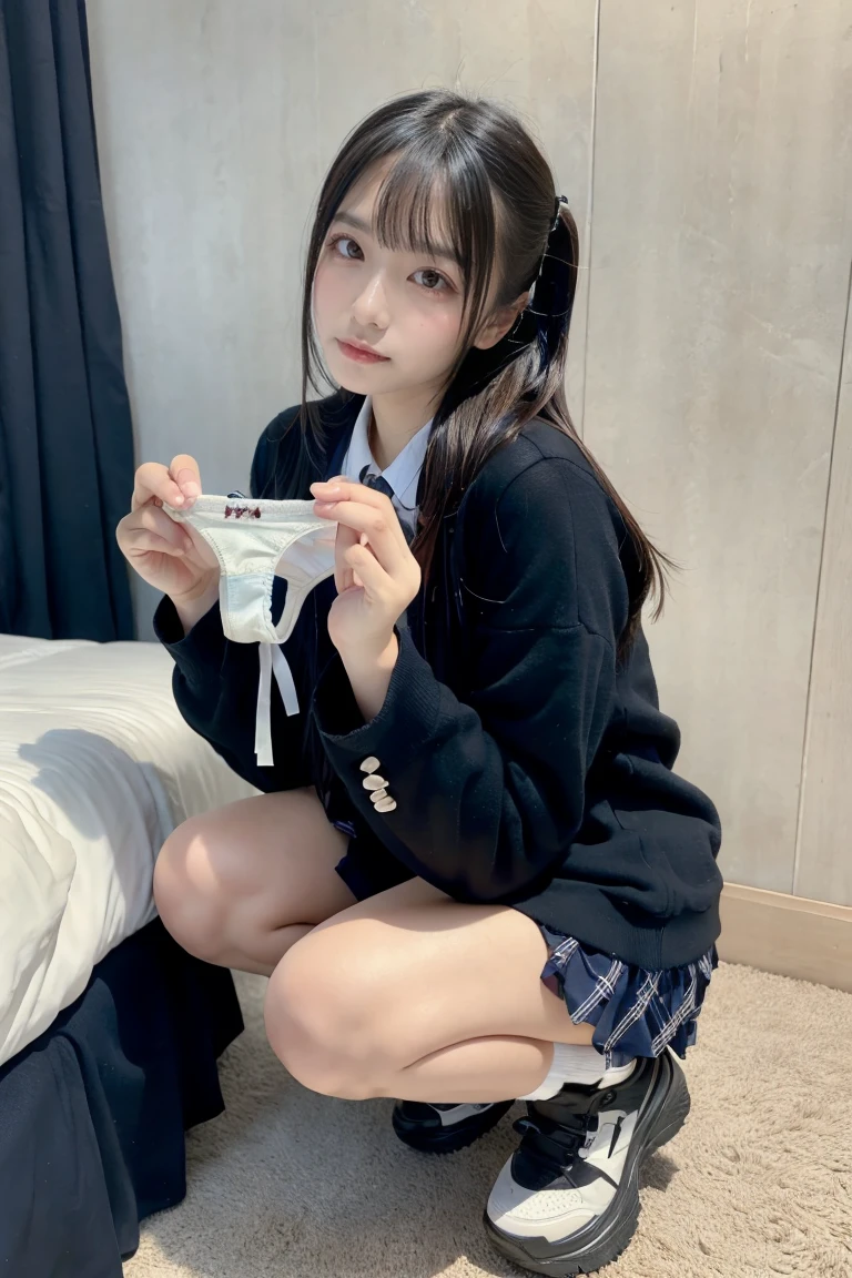 1 girl, happy, smiling, intelligent face, (super time: 1.2), (school uniform: 1.2)), RAW photos, (photorealistic: 1.37, realistic), high-definition CG integrated 8K wallpaper, (HQ skin: 1.8, glossy skin), 8k UHD, DSLR, soft lighting, high quality, film grain, Fujifilm XT3, ((upper body: 1.6)), ( Professional Lighting: 1.6), white socks, , open legs, full body shot, (((sheer underwear)), feet with socks, open legs, five fingers, small,