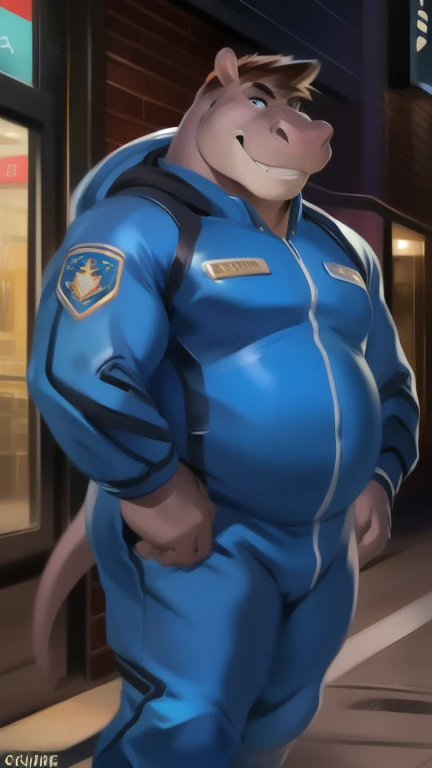 NSFW, Solo, male, standing, street, hippo, blue military spacesuit, overweight, muscular, smirking, by chunie, low angle, extremely massive bugle, horny,