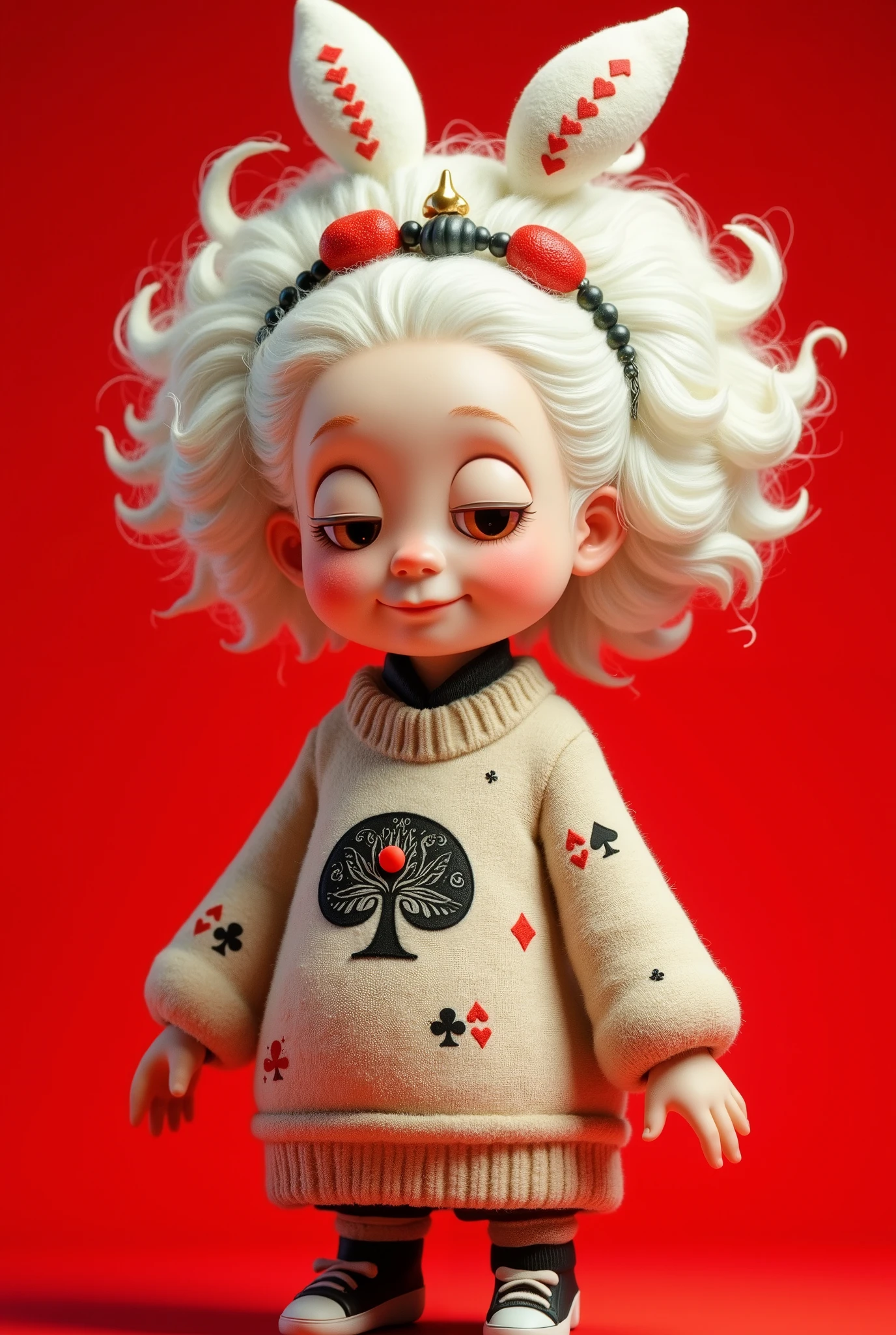 illustration, cartoon,Pixar,( masterpiece, Best Quality :1.2), 1 Chinese Grandma , is unique, white wavy hairstyle light and fluffy long hair,扑克牌发带,扑克牌毛衣,Red pure background ,in style of dieselpunk ,