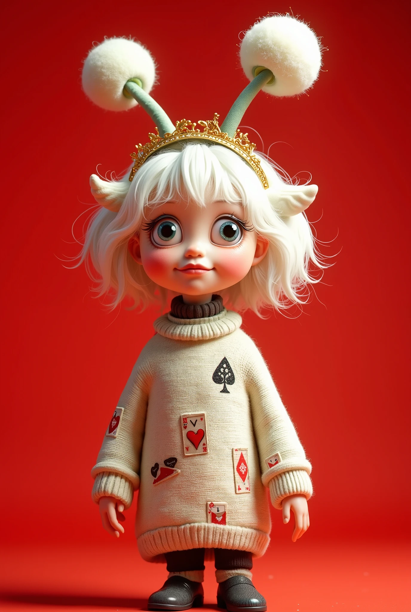 illustration, cartoon,Pixar,( masterpiece, Best Quality :1.2), 1 Chinese Grandma , is unique, white wavy hairstyle light and fluffy long hair,扑克牌发带,扑克牌毛衣,Red pure background ,in style of dieselpunk ,