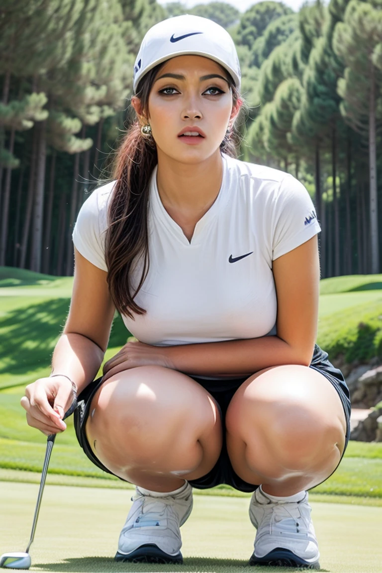 Highly detailed CG Unity 8k wallpaper, with the best quality, Super detailed, masterpiece, realistic, Realistic Photos, Highly detailed cute girl, 1, solo、slender, tall 165cm, (golf wear) , (golf mini flared skirt) , (hugging a golf driver), (wearing golf gloves)、smile , round eyes, slender body, small breasts、viewers watching, full body shot , golf course , (patting_line watching style), on green, ((squat pose)), Sun visor, ((low angle photo)), (panties), beautiful pussy, nsfw, ribbon, ponytail, tongue out,