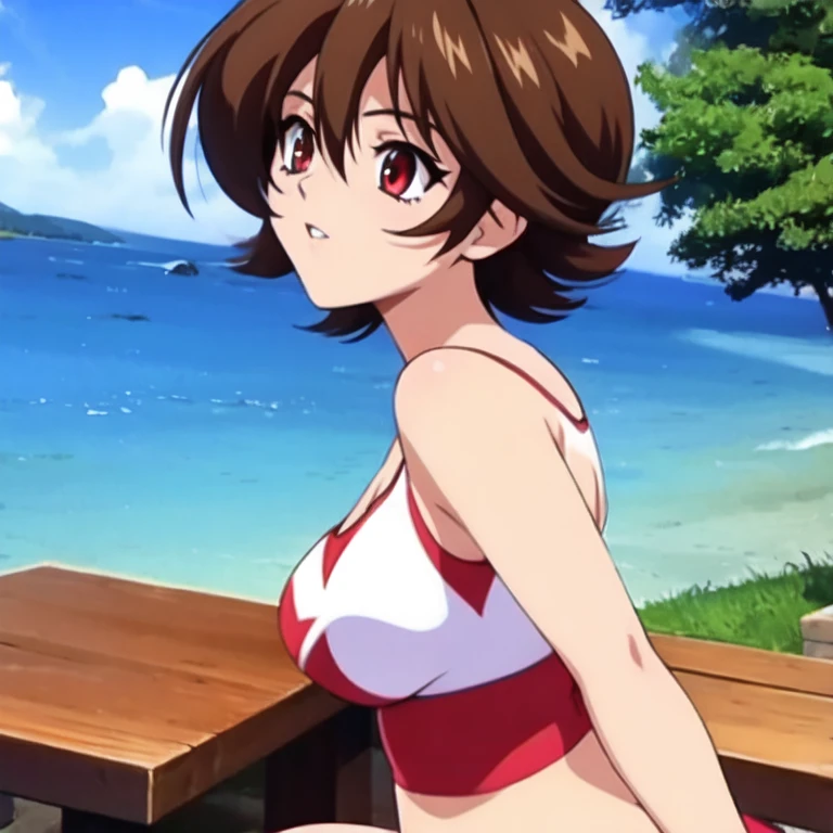 (The beauty of one beautiful girl、Lirilka、１８years old、brown-eyed(High resolution eyes、Beautiful eyes、Light in the eyes)、super high precision、hiquality、top-quality、animesque、2D、Brown shorthair、Fine-grained skin、Bursting smile、Opening Mouth、Red cheeks、Red ears、Beautiful small breasts)、Close-up representation of a single person、Full-length image of standing figure、Outdoor lake、Wet bikini swimsuit、