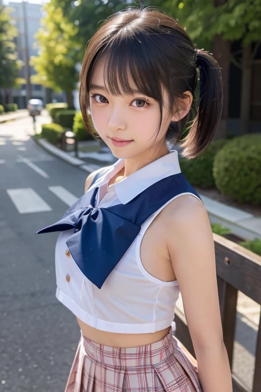 (masterpiece, highest quality:1.2), 8k, official art, RAW photo, incredibly absurd, ( sailor suit, serafuku:1.4), amazing beautiful girl, amazingly cute face, (navy pleated skirt:1.1), close, school uniform, short sleeve, gardenia, violaces, teen, street, looking at the viewer with a smile, no makeup, film grain, chromatic aberration, sharp focus, face light, dynamic lighting, cinematic lighting, detailed eyes and face,short hair、(((white skin without moles)))、 background bokeh、super slim thighs、((Erotic Panties are showing through、beautiful pussy line:1.1))、(High twin tails with ribbons:1.4),,(((A  with an extremely cute young face:1.35))), 、(very young  with big breasts:1.2)