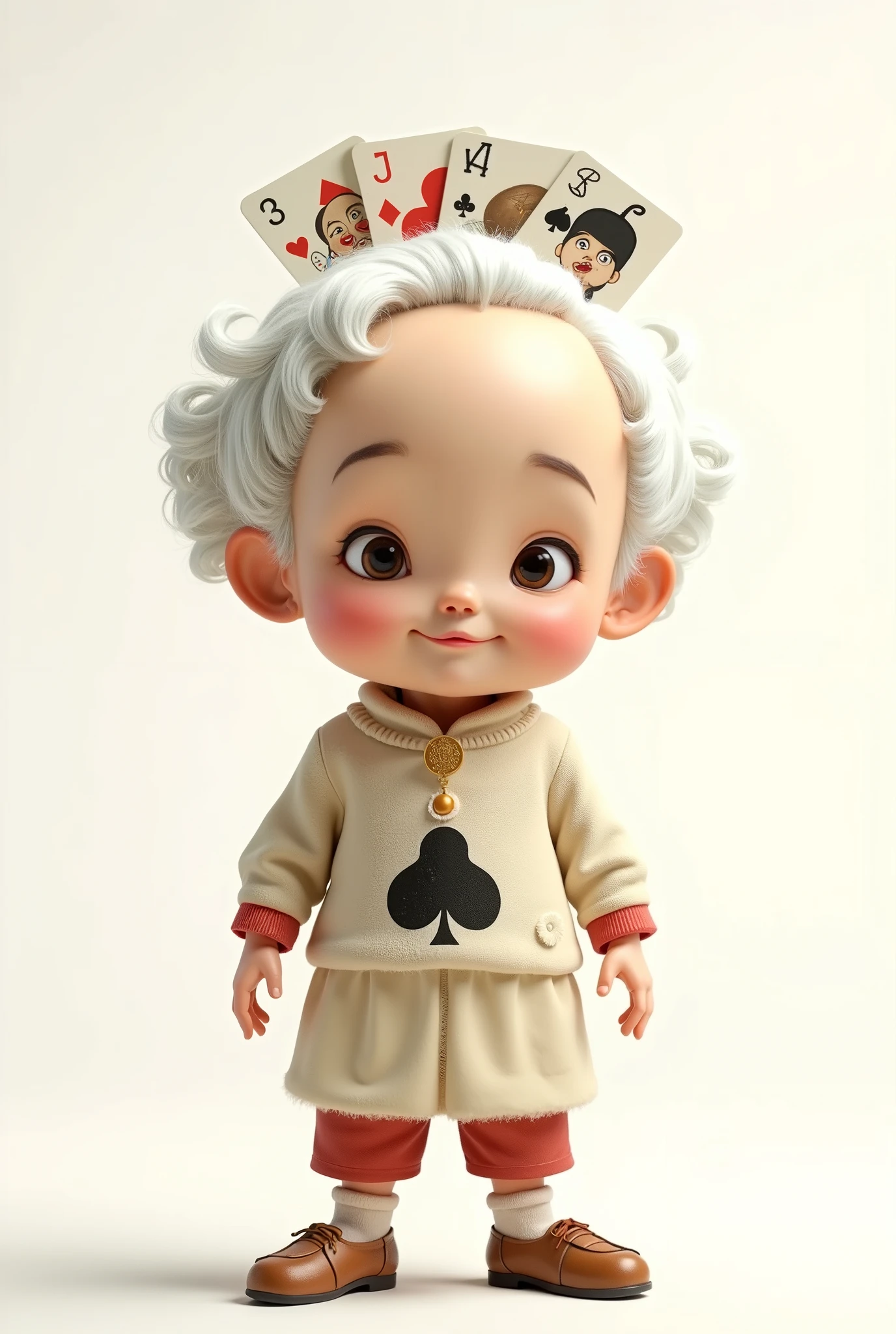 illustration, cartoon,Pixar,( masterpiece, Best Quality :1.2), 1 Chinese Grandma , is unique,White wavy hairstyle, Light and Fluffy Long Hair ,扑克牌发带,扑克牌毛衣,pure background ,in style of Dieselpunk ,