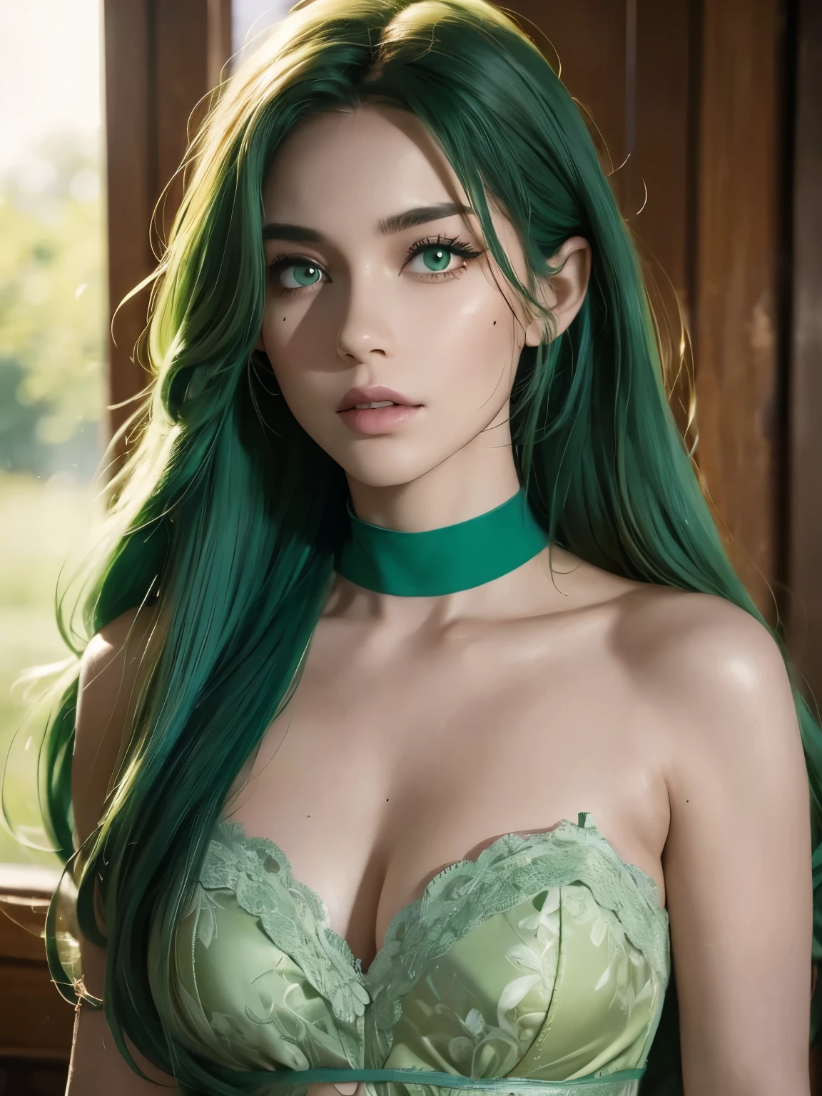 a girl. the face sends feeling. Europe. Oval face. long face. delicate facial features. eyes are dull. seductively seductive. green eyes. long straight hair. green hair. wreath on head. sad expression. big breasts. Sexy green silk nightgown. straight face