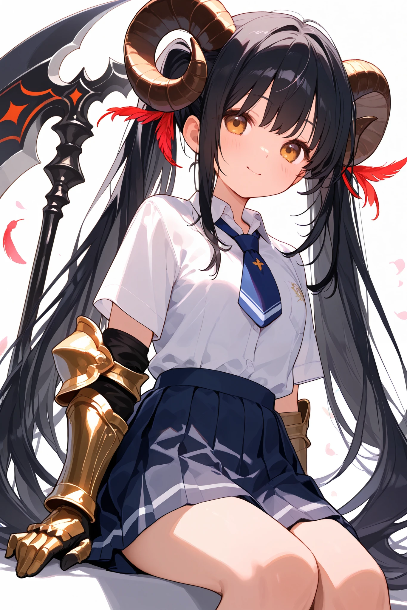 black hair、 gauntlet 、 high school girl、devil、 sheep horn、 twin tails、Scythe、Monster feather、 full picture