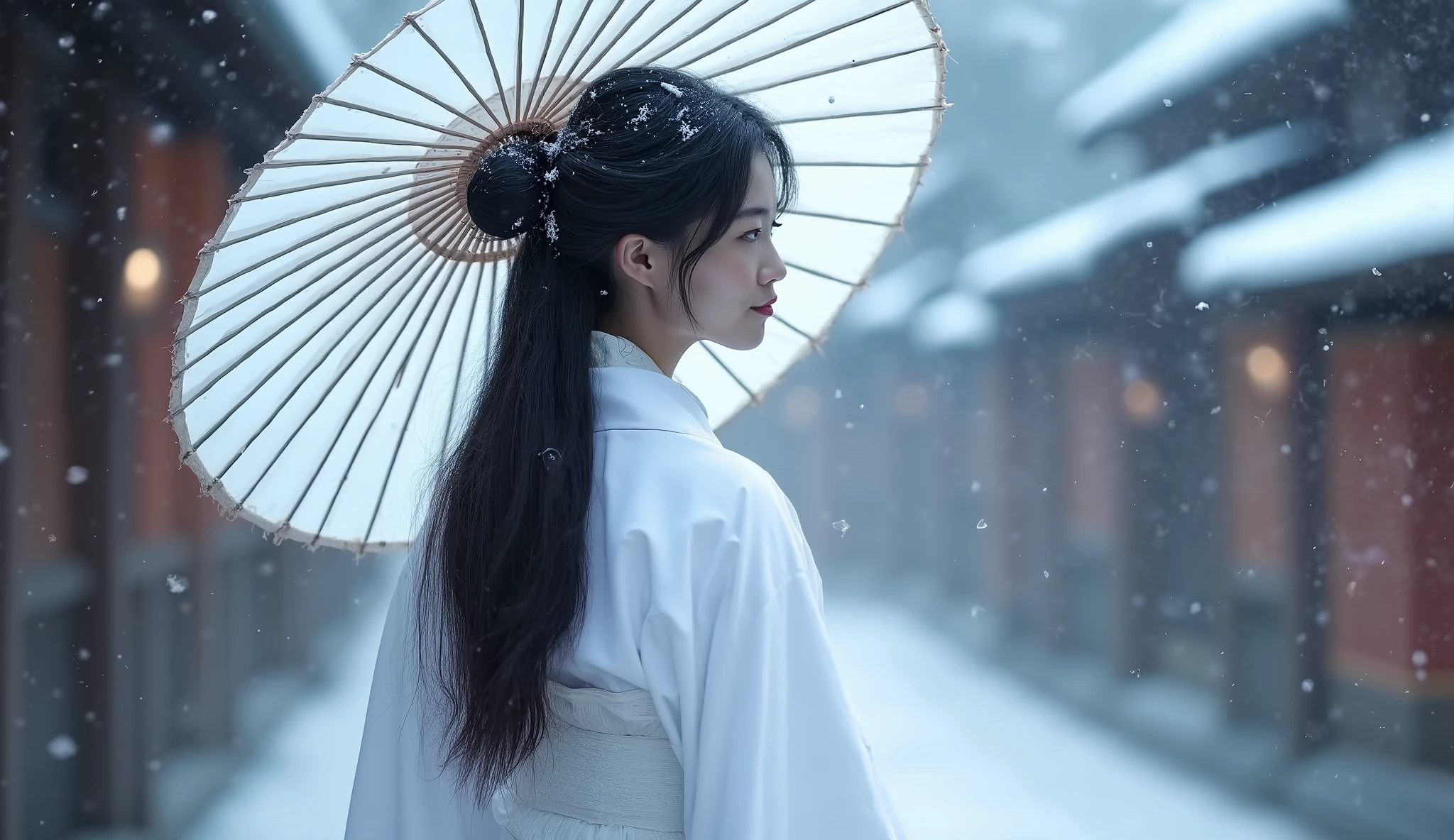 A woman with pure black hair wearing a white yukata and holding a white Japanese umbrella、Heavy snowfall Japanese village night background、Snow Woman、Ultra high definition、Snow falling scene、White belt、