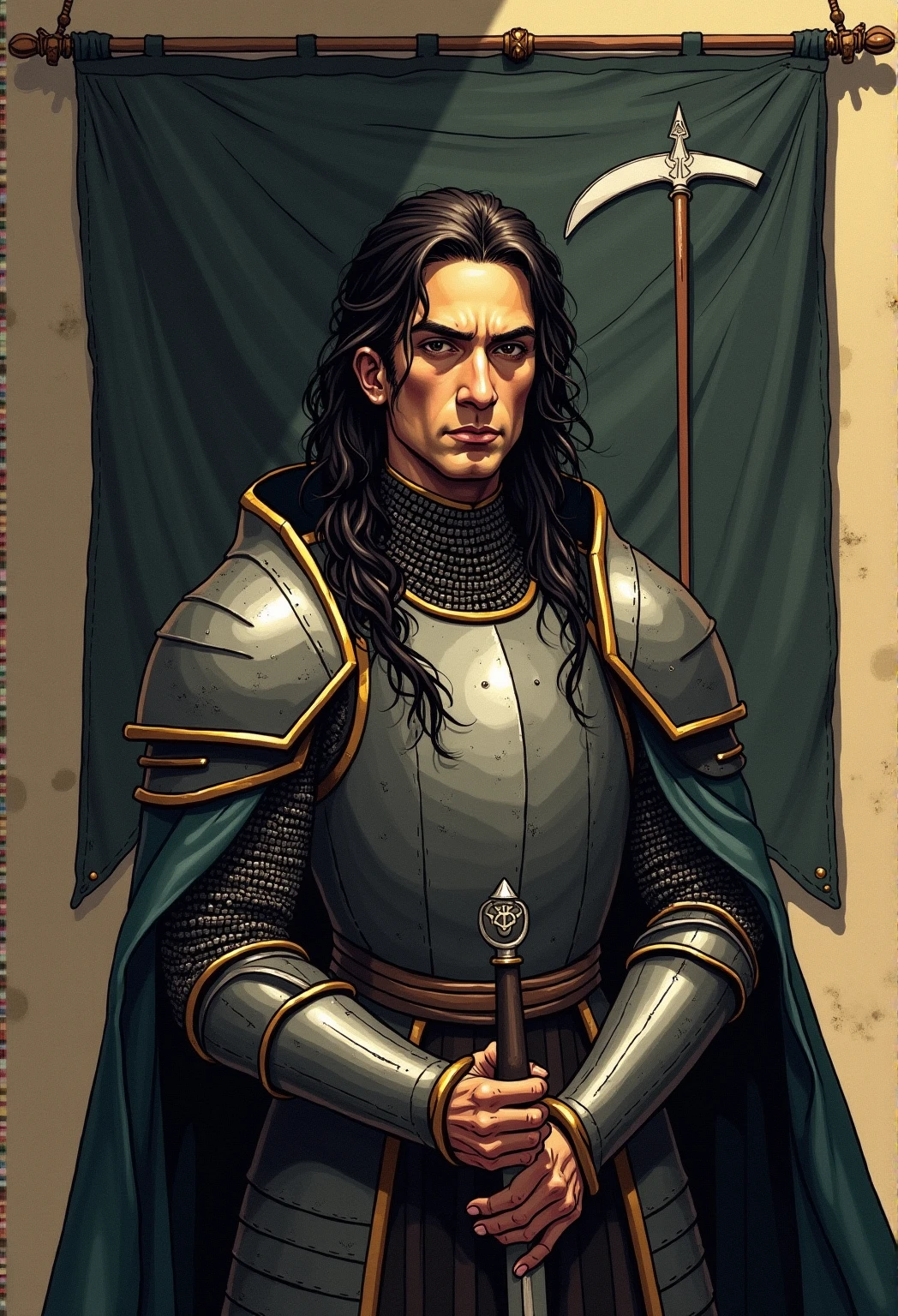 A realistic medieval fantasy portrait of a knight. He has dark hair and ...