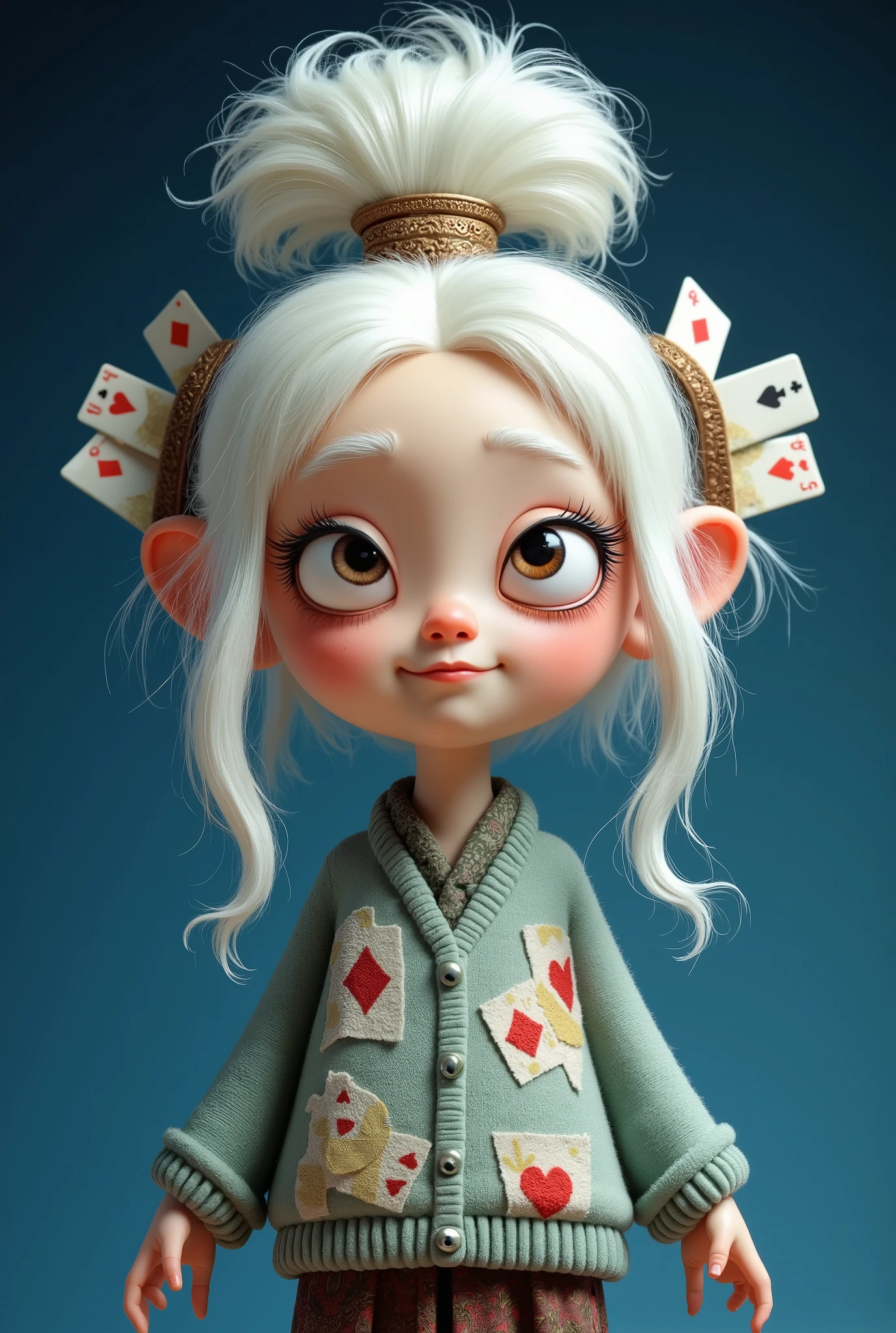 illustration， cartoon，Pixar，( masterpiece,   Best Quality :1.2), 1 Chinese Grandma ,  is unique， white wavy hairstyle light and fluffy long hair，扑克牌发带，扑克牌毛衣，blue gradient pure background，in style of dieselpunk , 